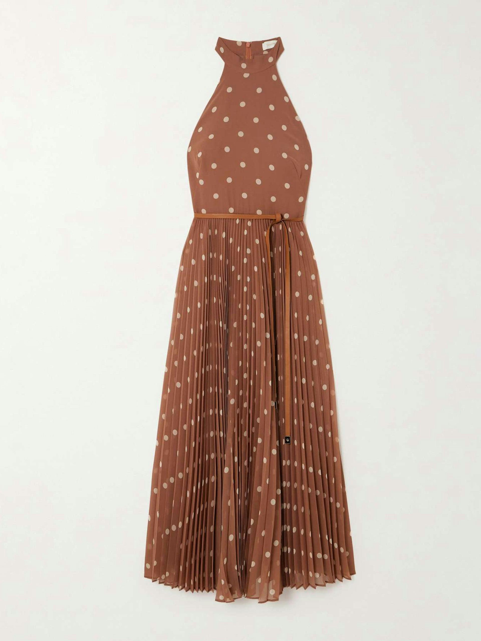 Belted pleated polka-dot recycled-chiffon midi dress