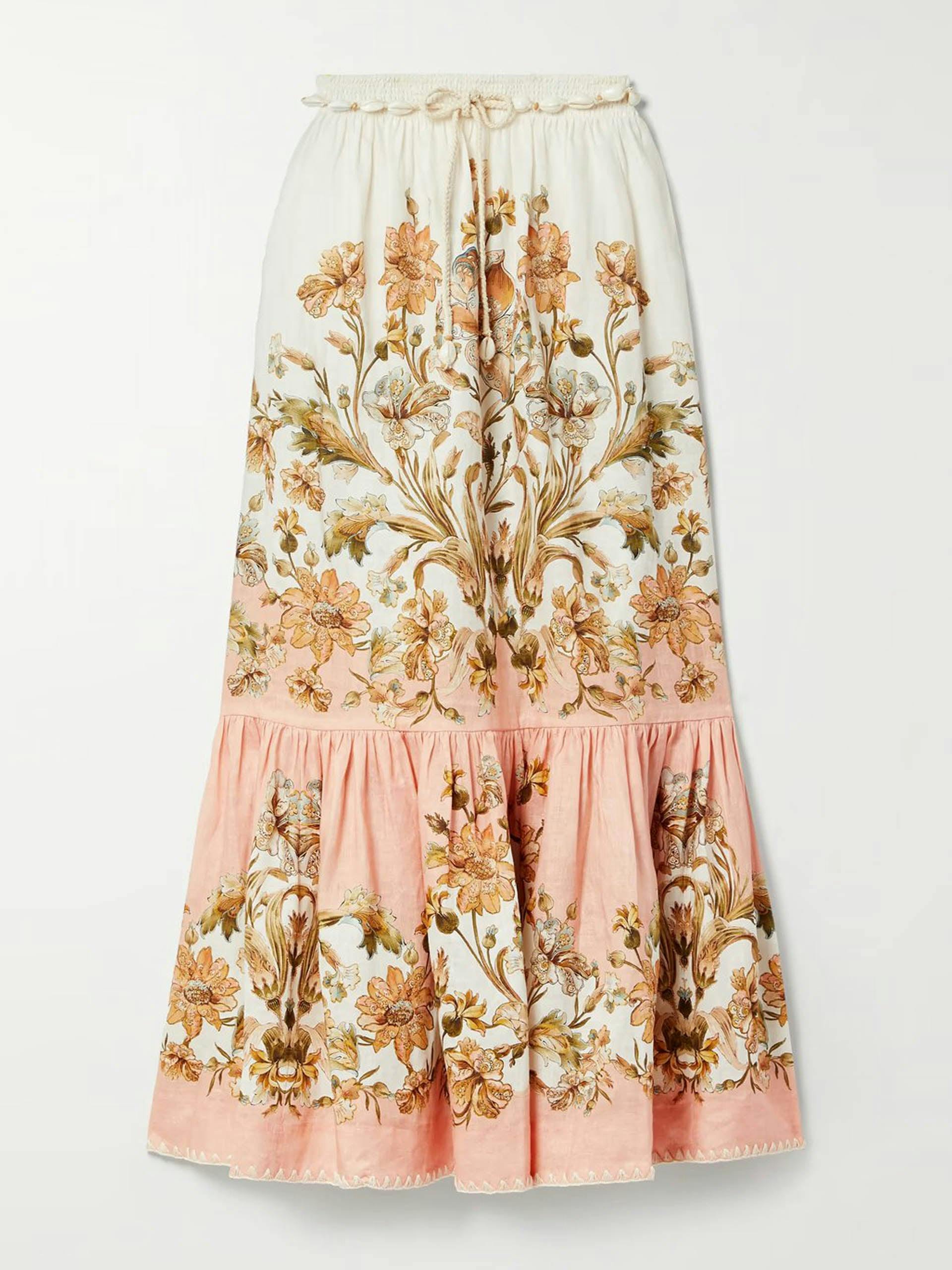 Chintz belted tiered floral-print linen midi skirt