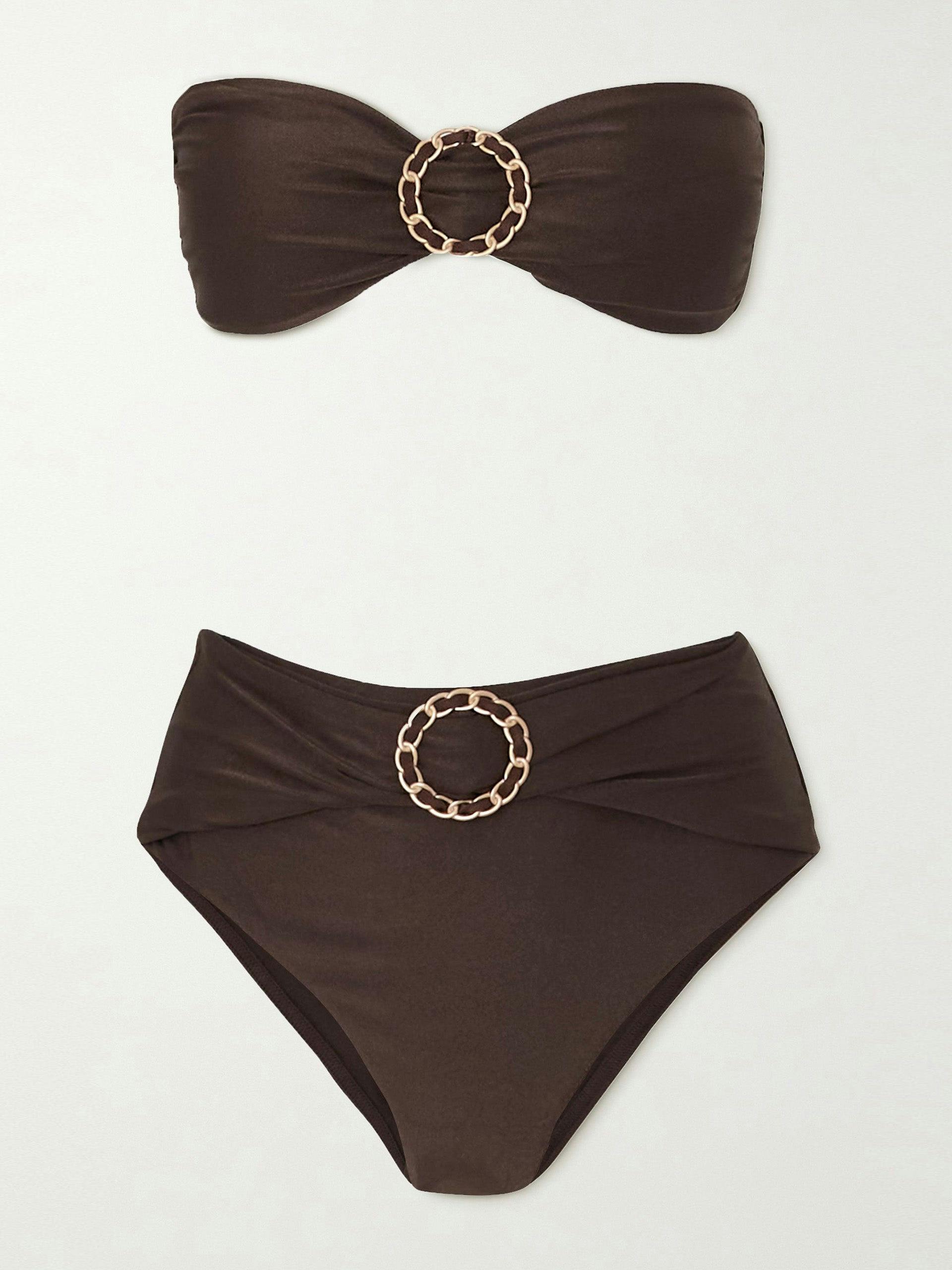 Brown embellished bandeau bikini