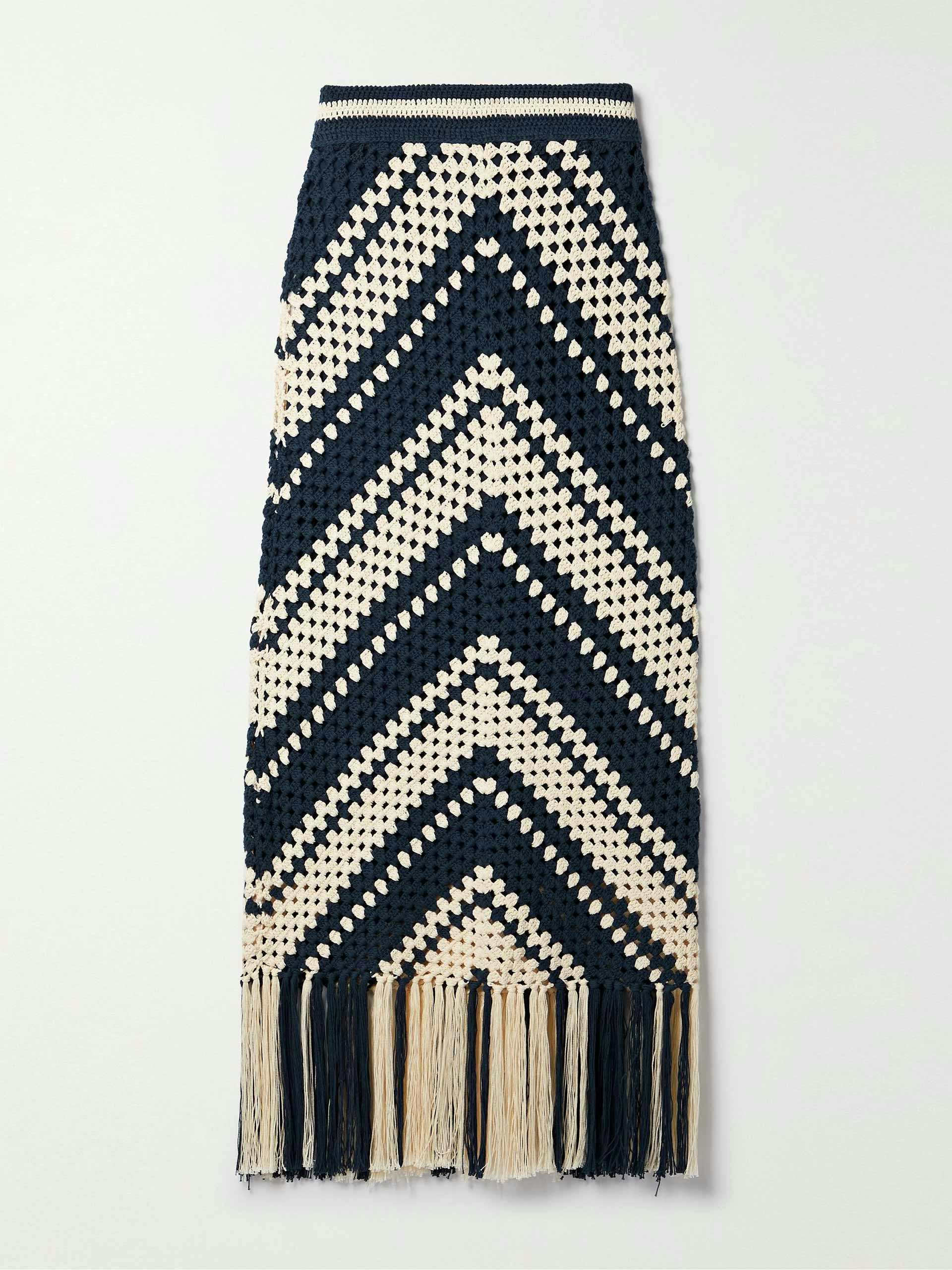Fringed crocheted cotton midi skirt