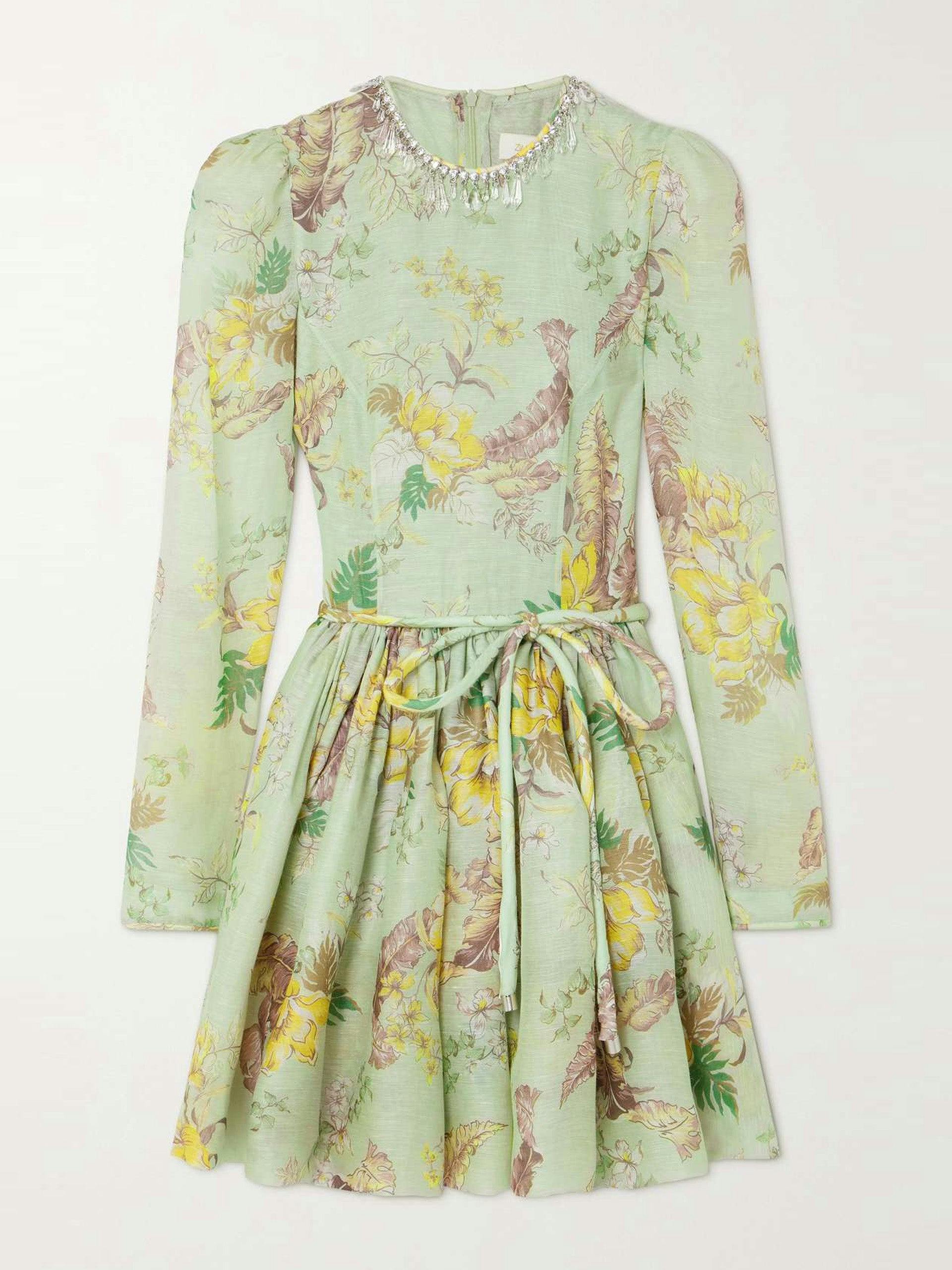 Crystal-embellished belted floral-print linen and silk-blend mini dress