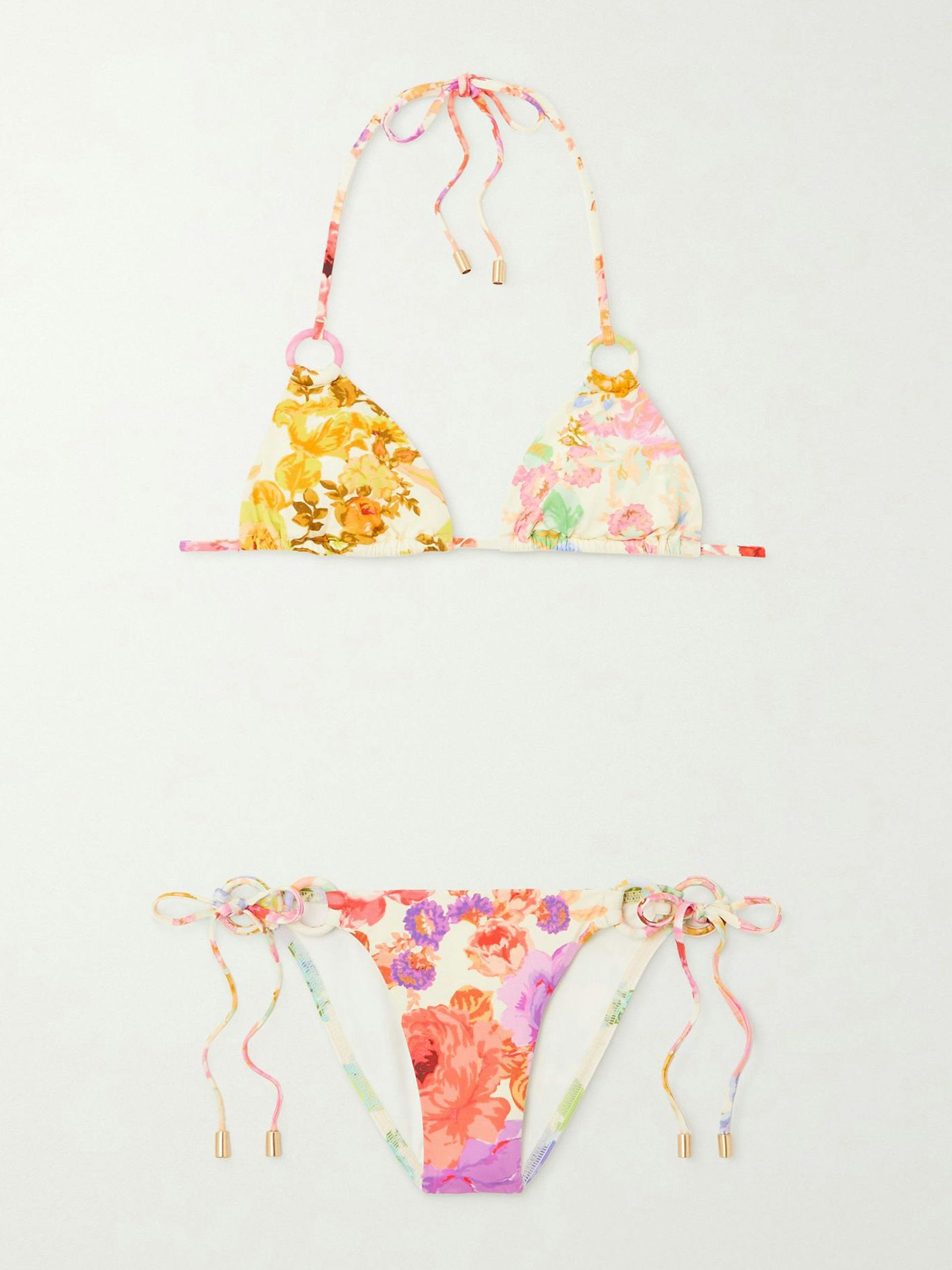 Floral-print triangle halterneck bikini