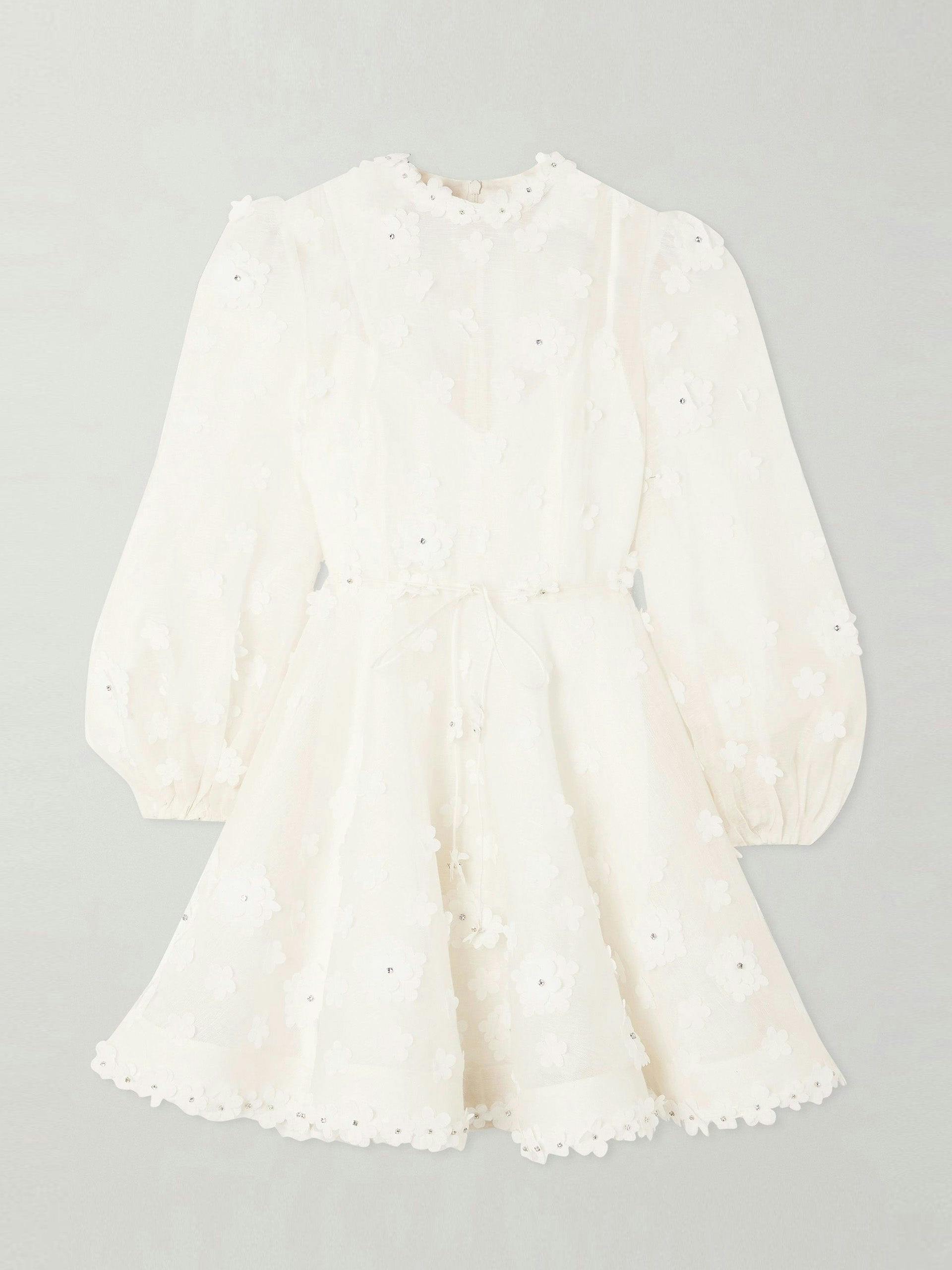 Embellished appliquéd linen and silk-blend mini dress