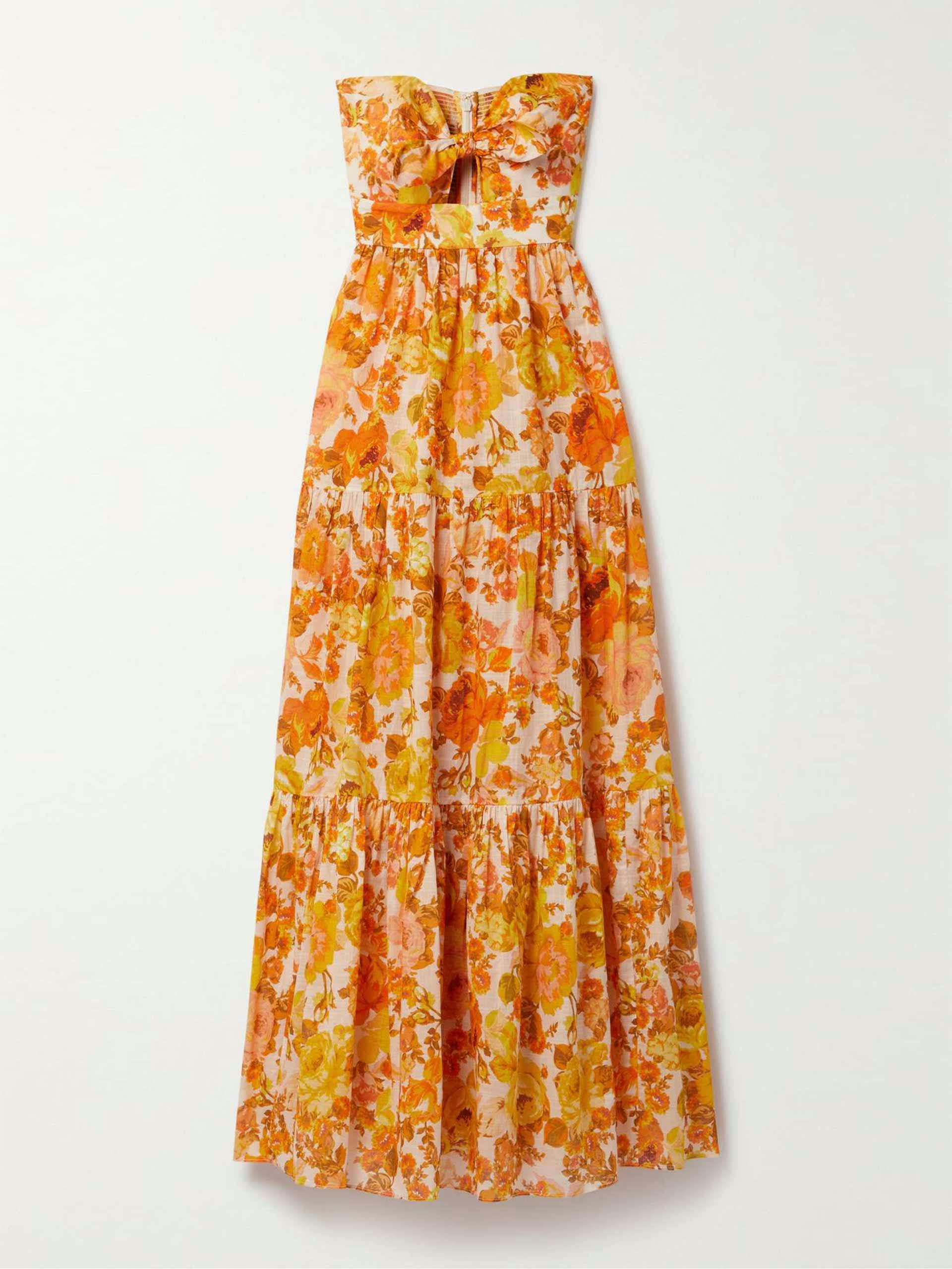 Strapless tiered floral-print cotton maxi dress