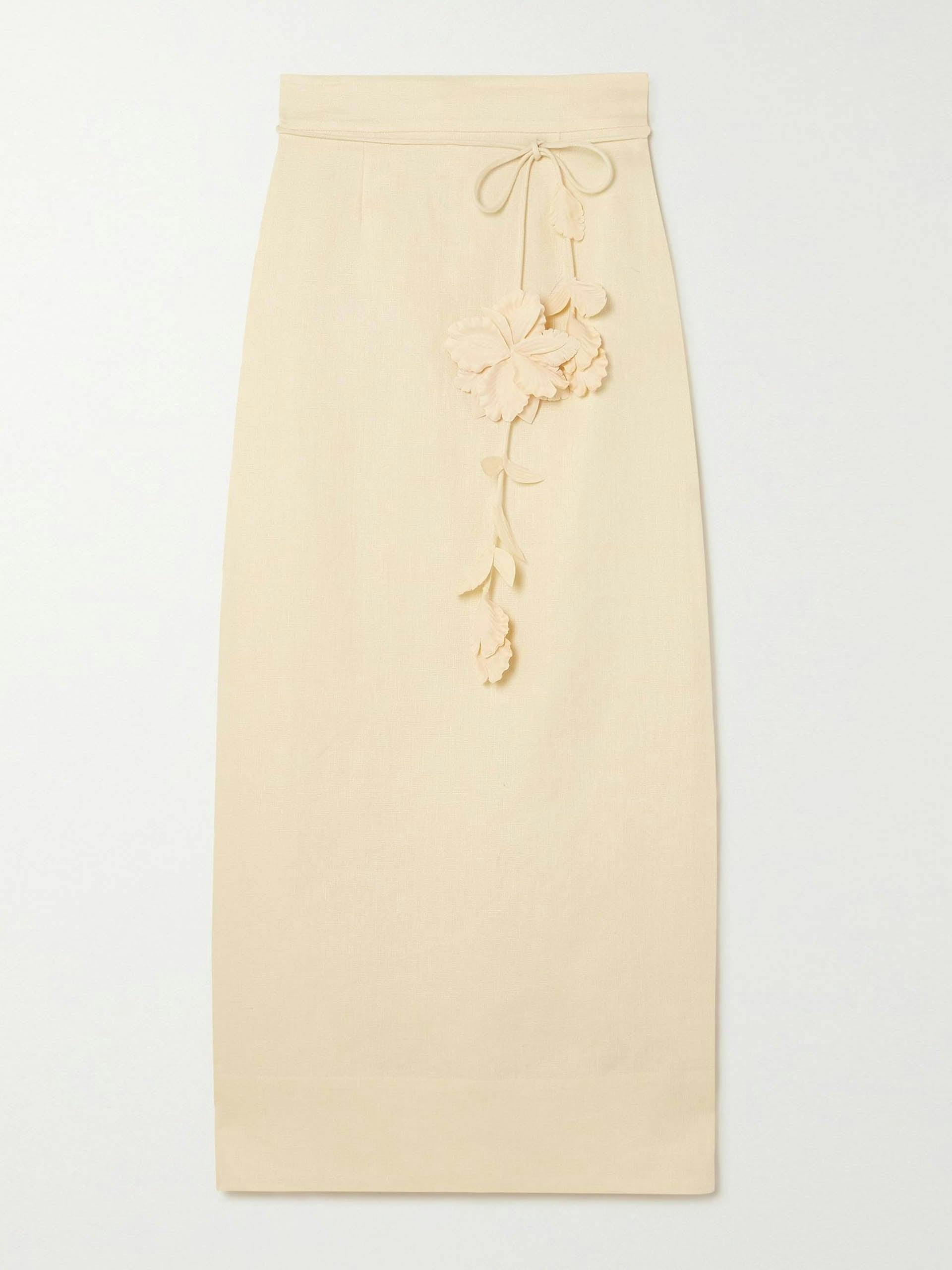 Cream belted appliquéd linen midi skirt