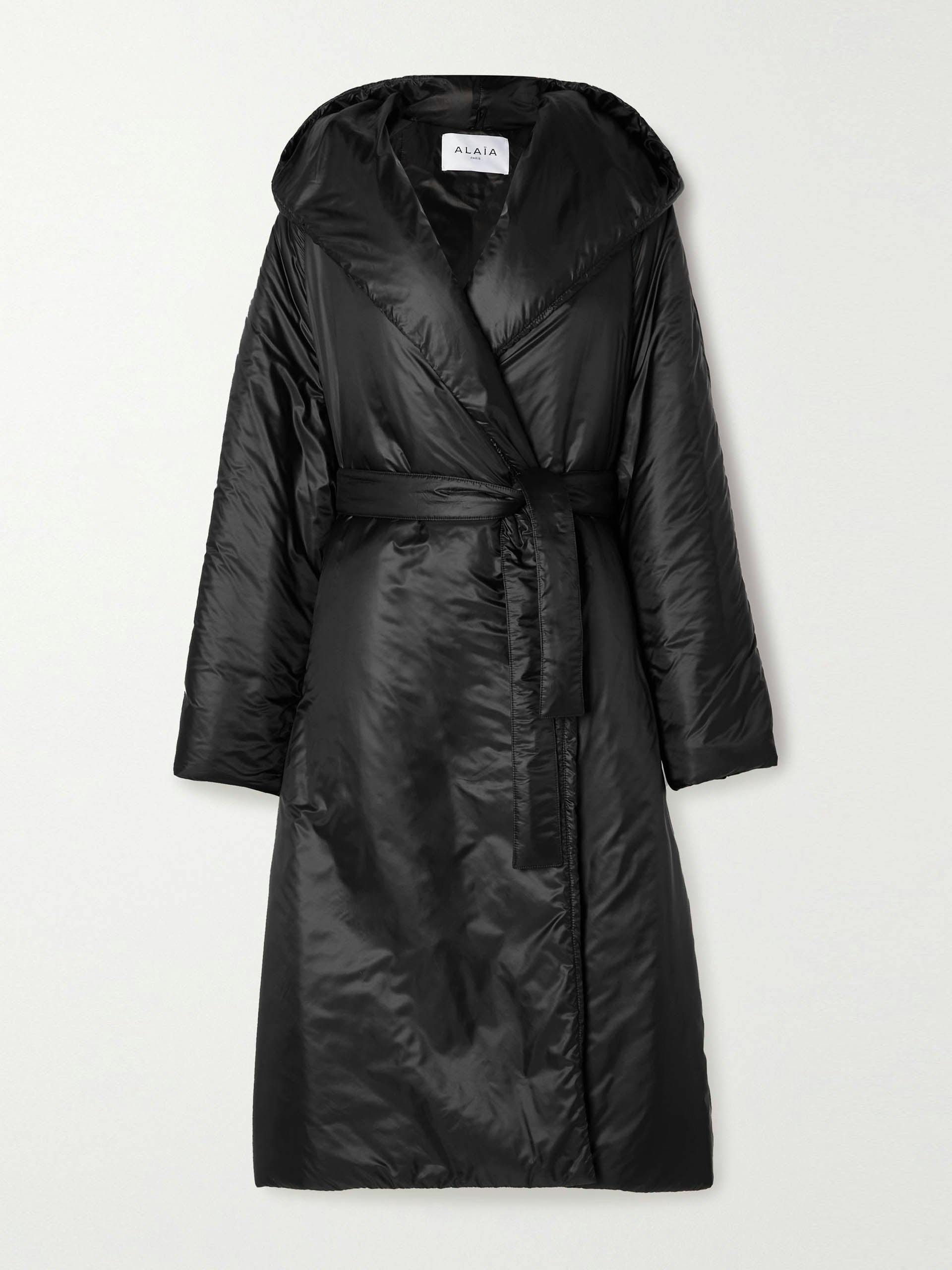 Belted padded hooded shell coat