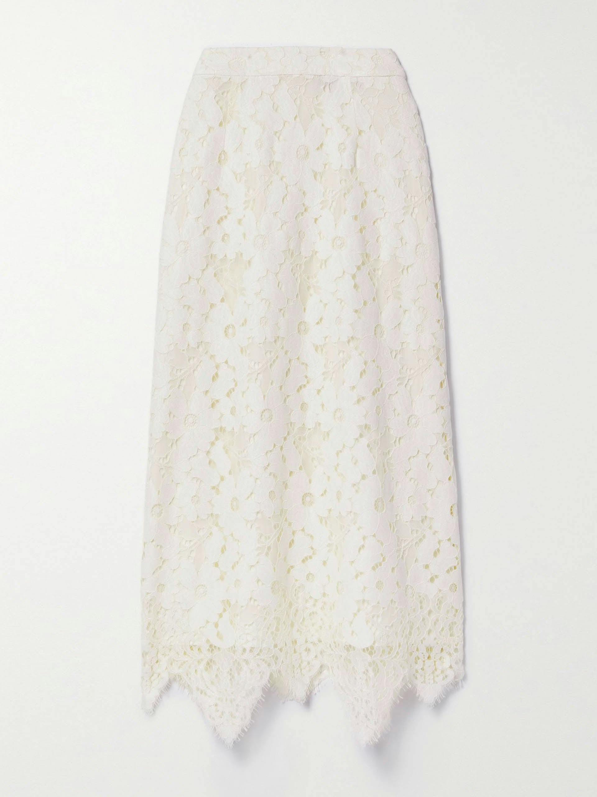 White cotton-blend corded guipure lace midi skirt