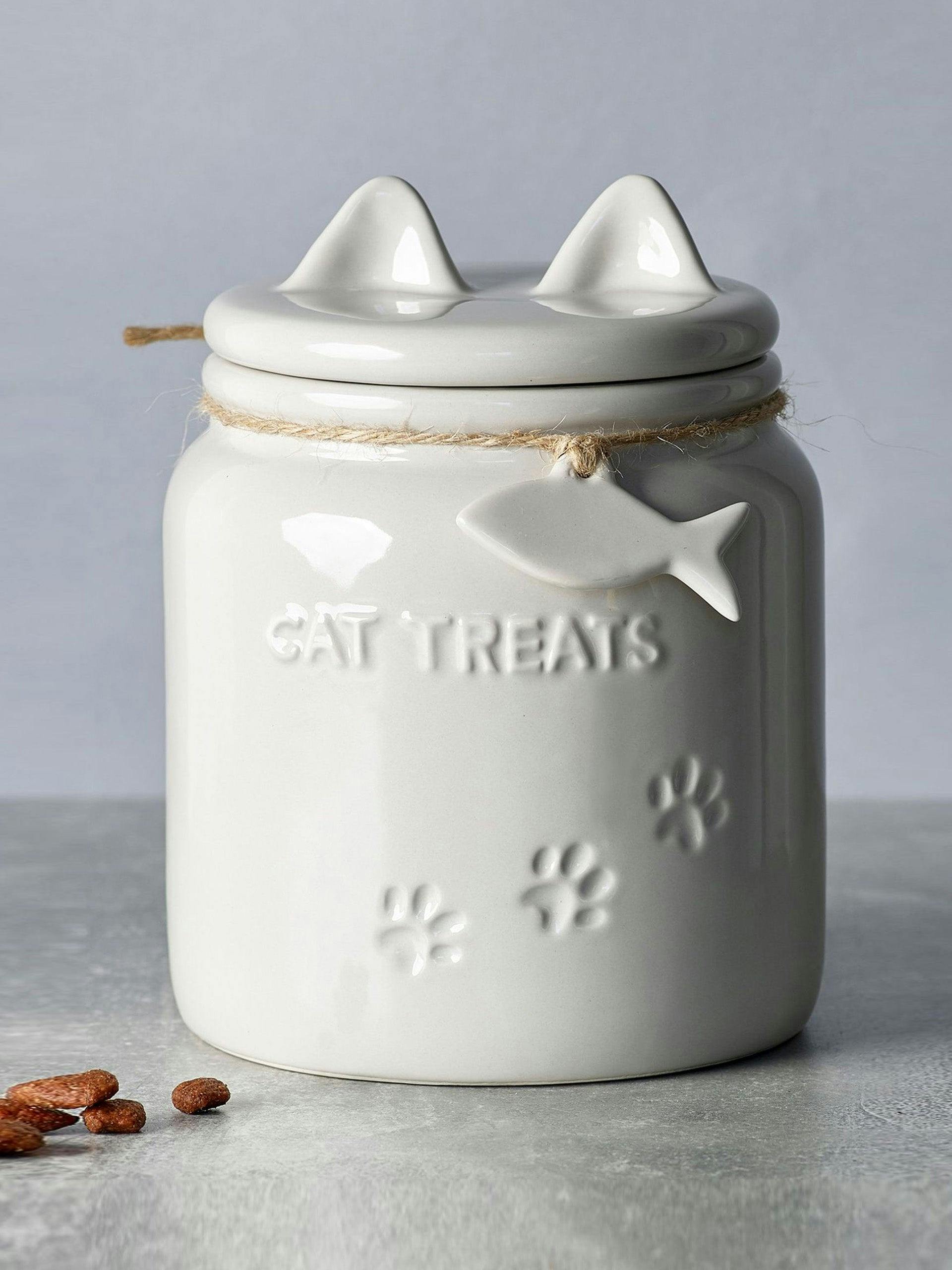 Grey ceramic cat treat jar