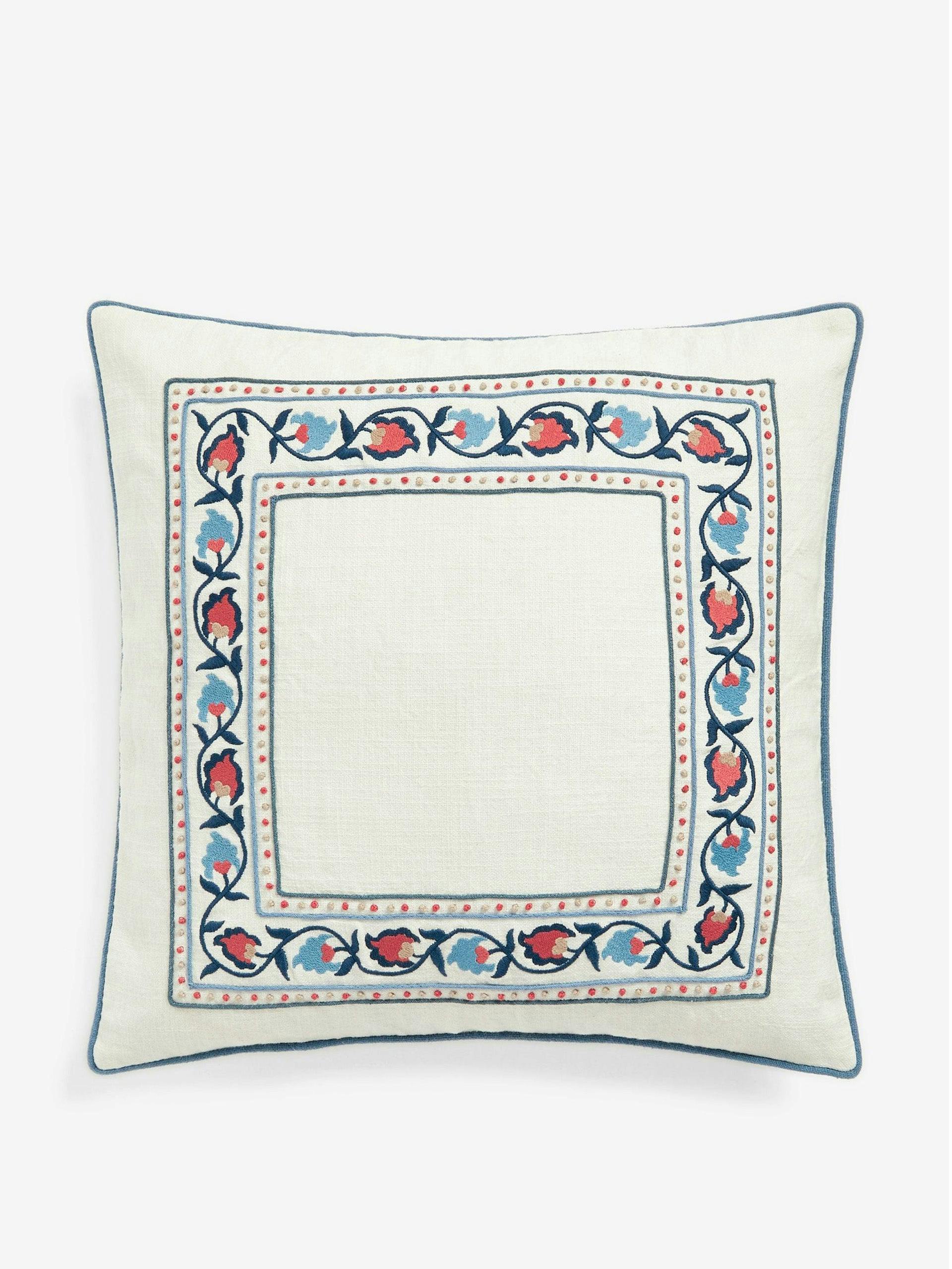 Nina Campbell navy blue embroidered feather-filled cushion