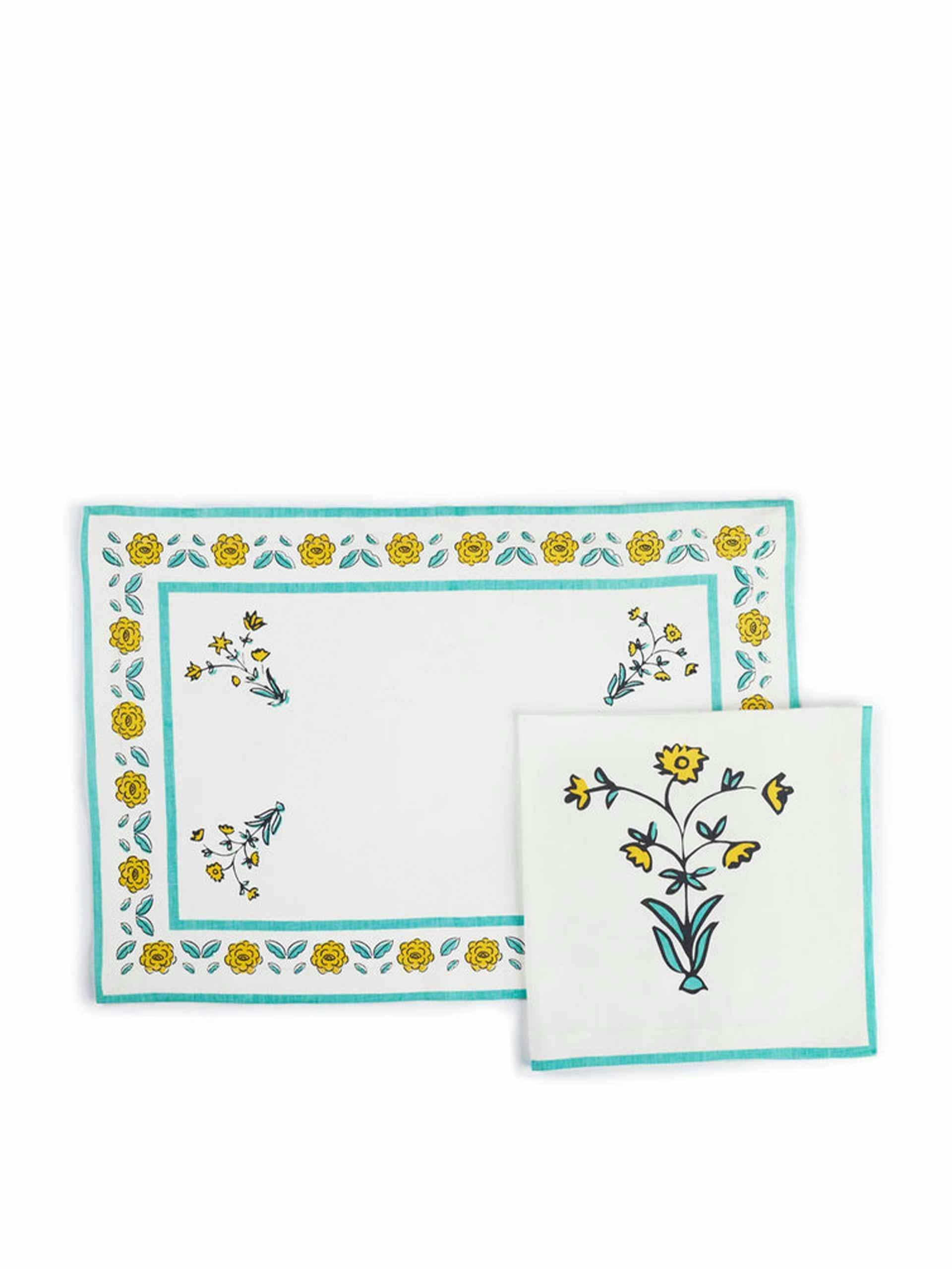 Set of four placemat & napkin teal flowers