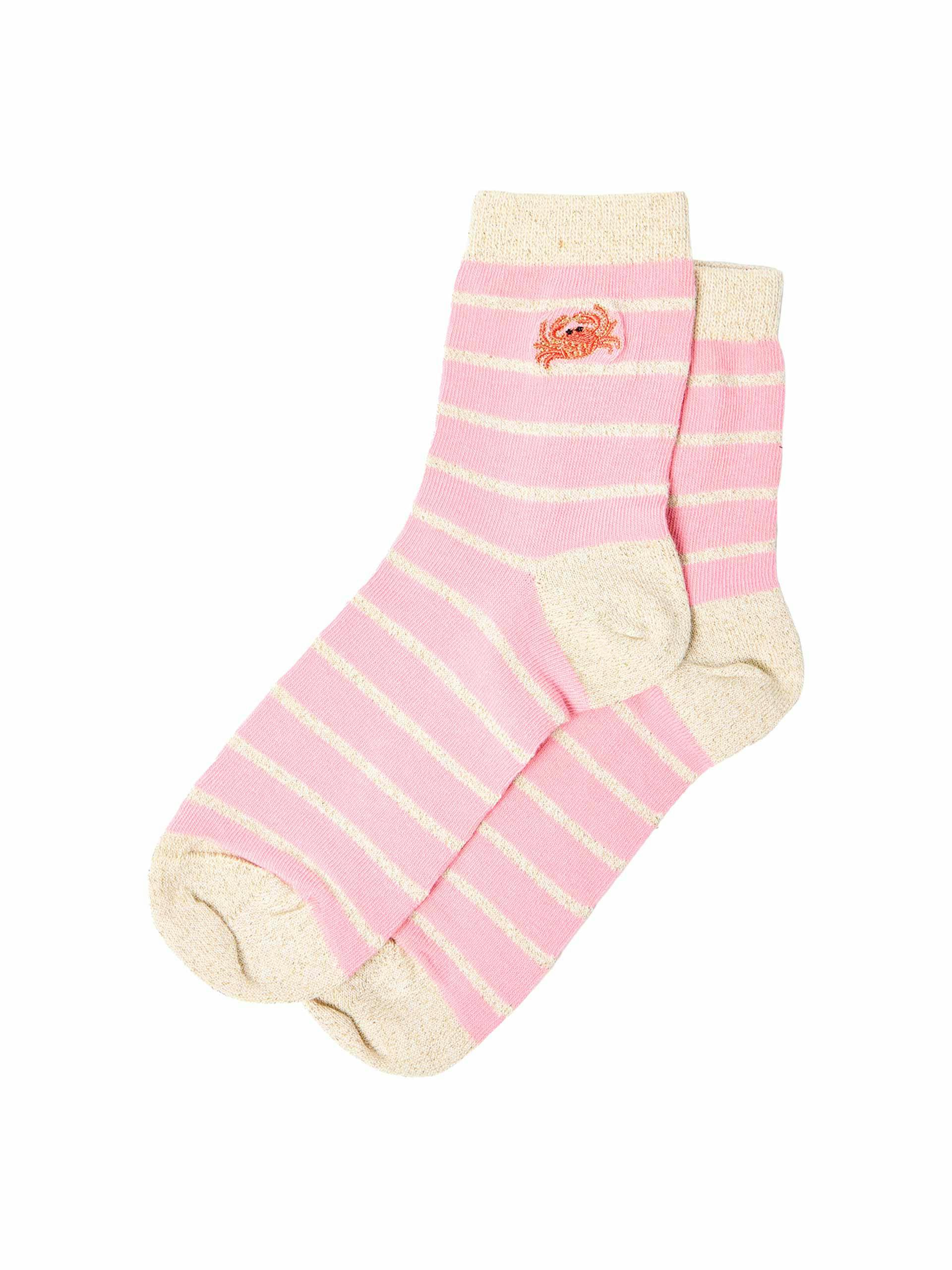 Embroidered crab pink stripe ankle socks