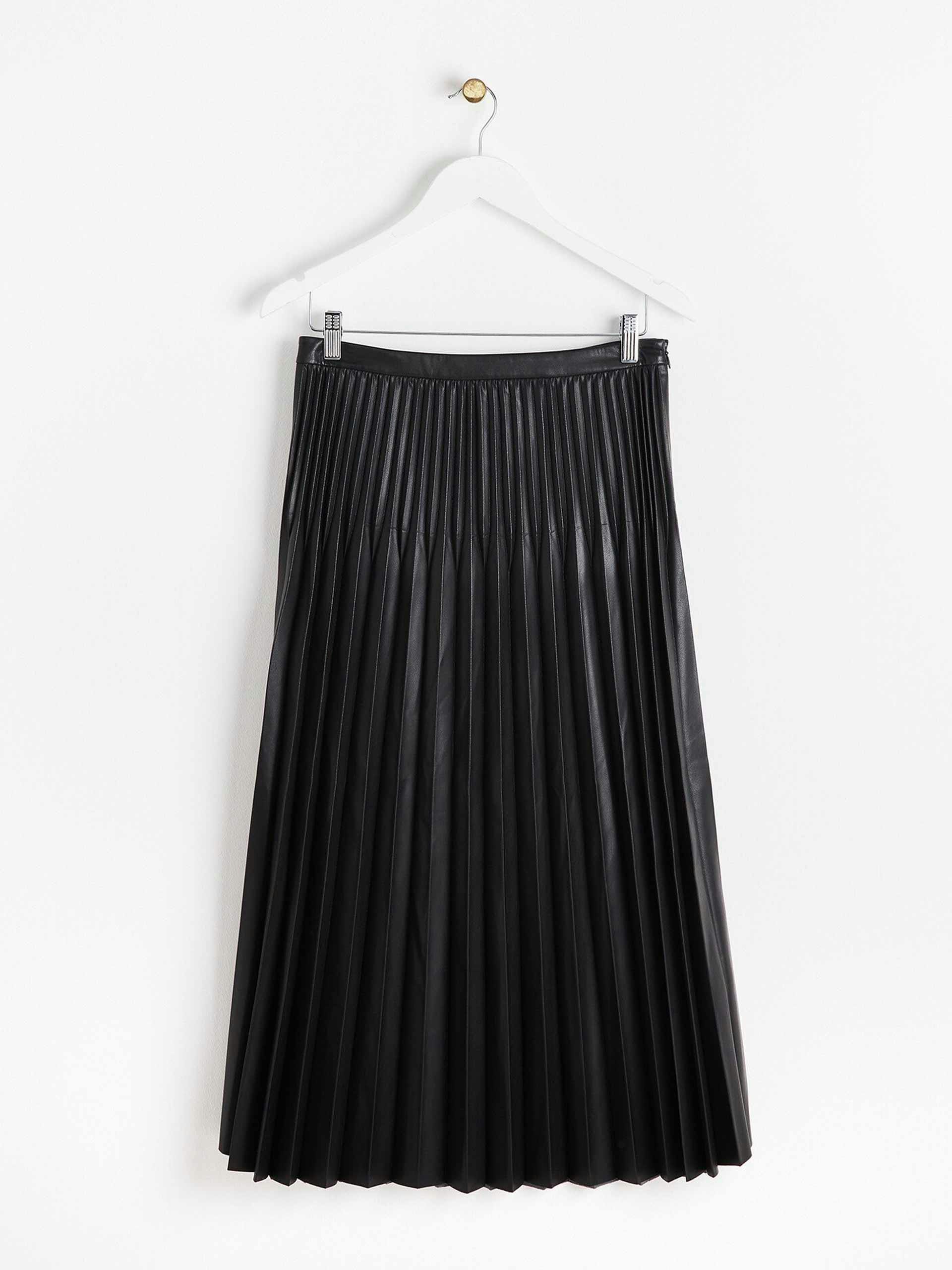 Faux leather black pleated midi skirt