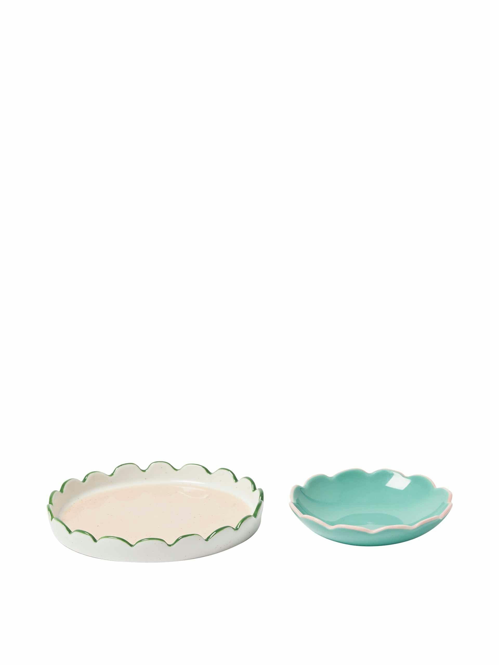Scalloped green & white ceramic trinket dish (set of two)