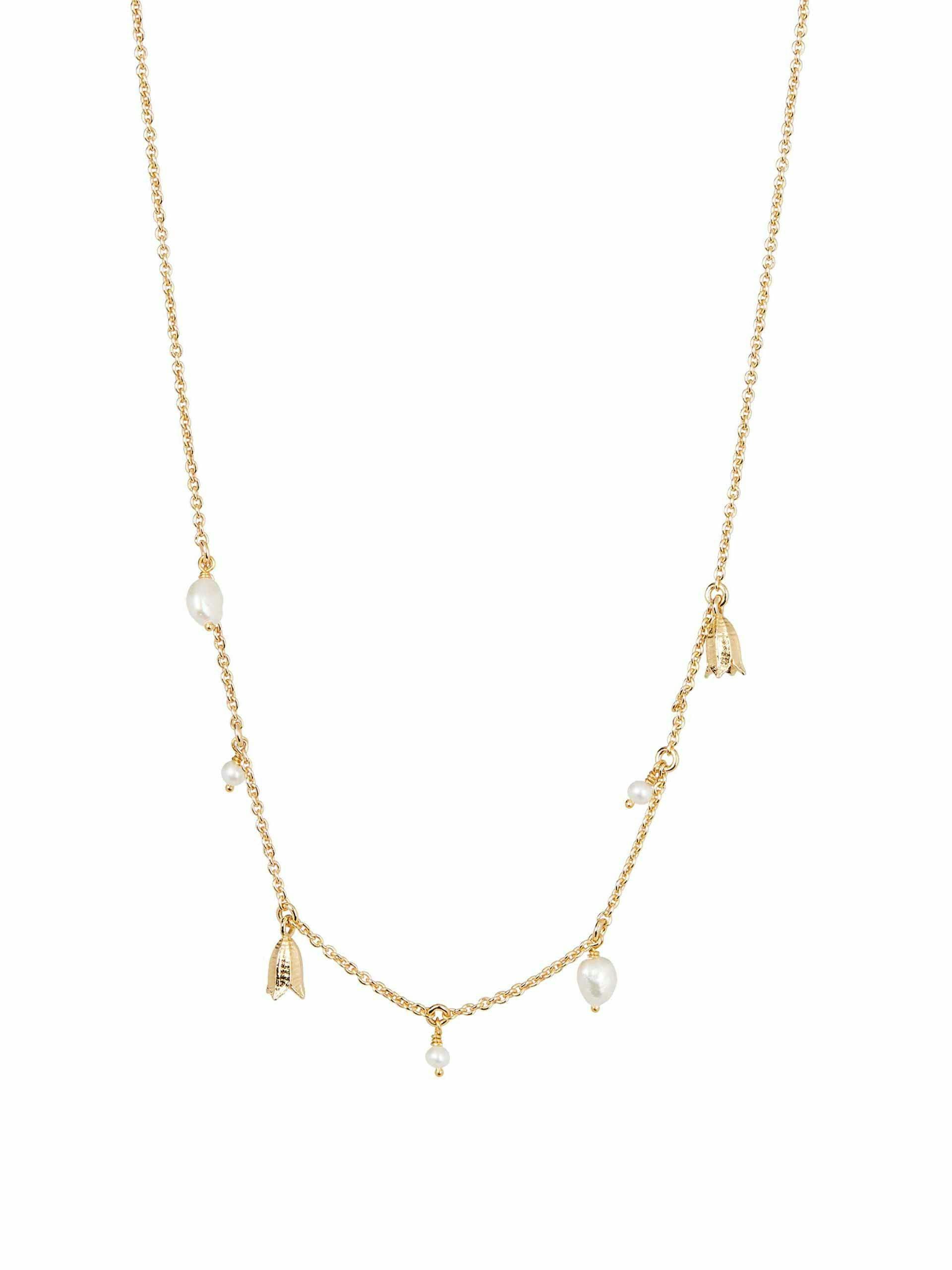 Tulip & freshwater pearl gold plated long necklace