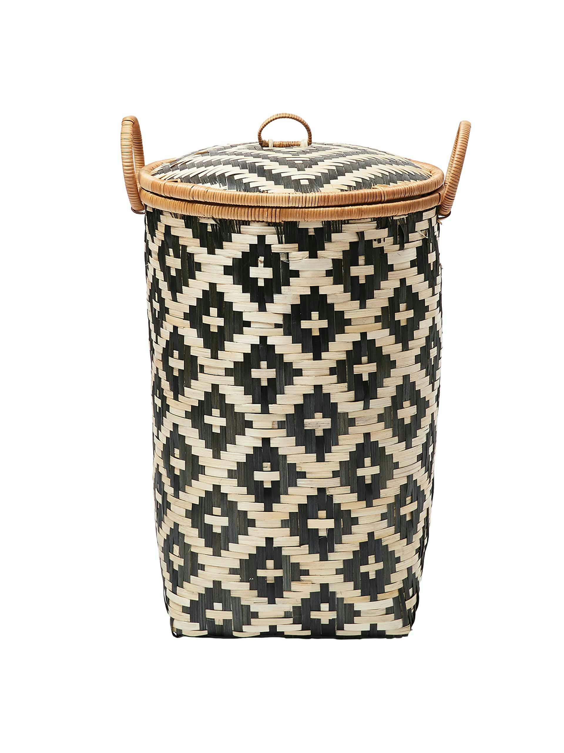 Woven black bamboo laundry basket