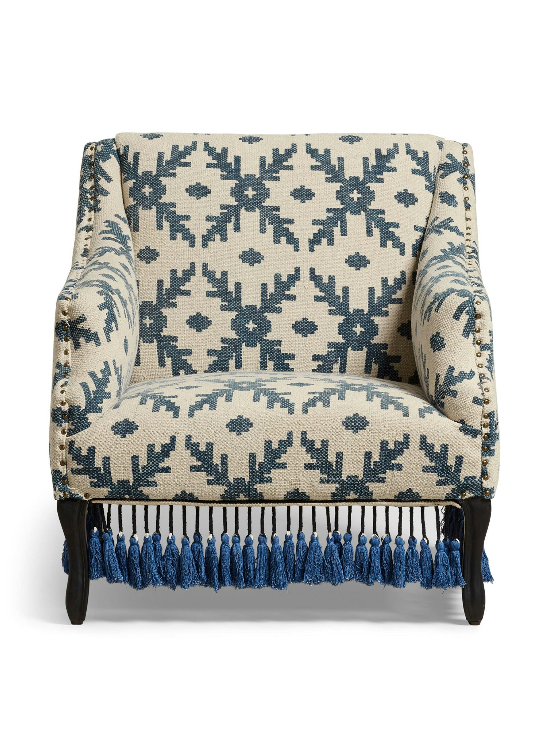 Tarma tasselled armchair in Lazaret blue