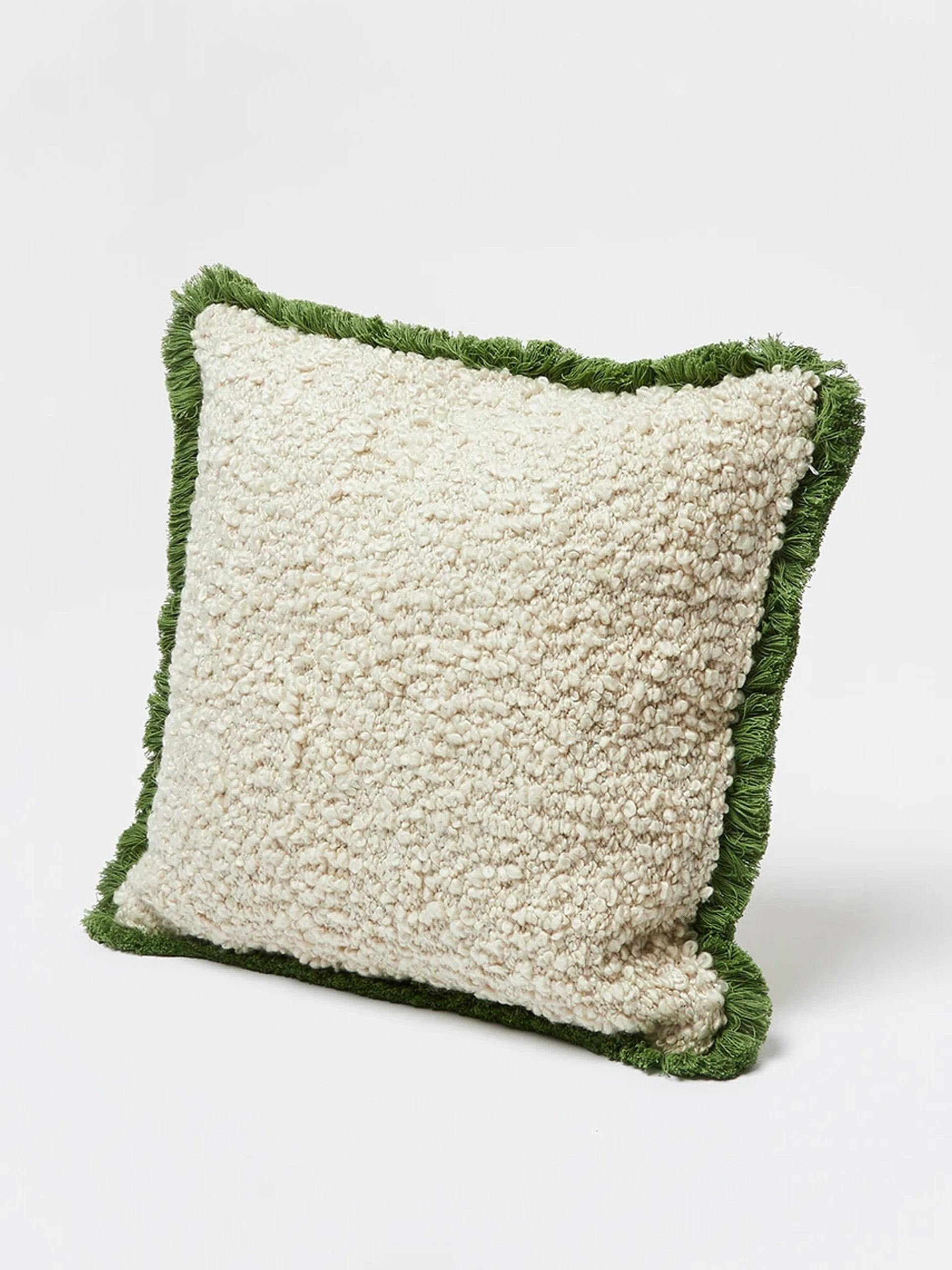 Boucle green fringed square cushion cover