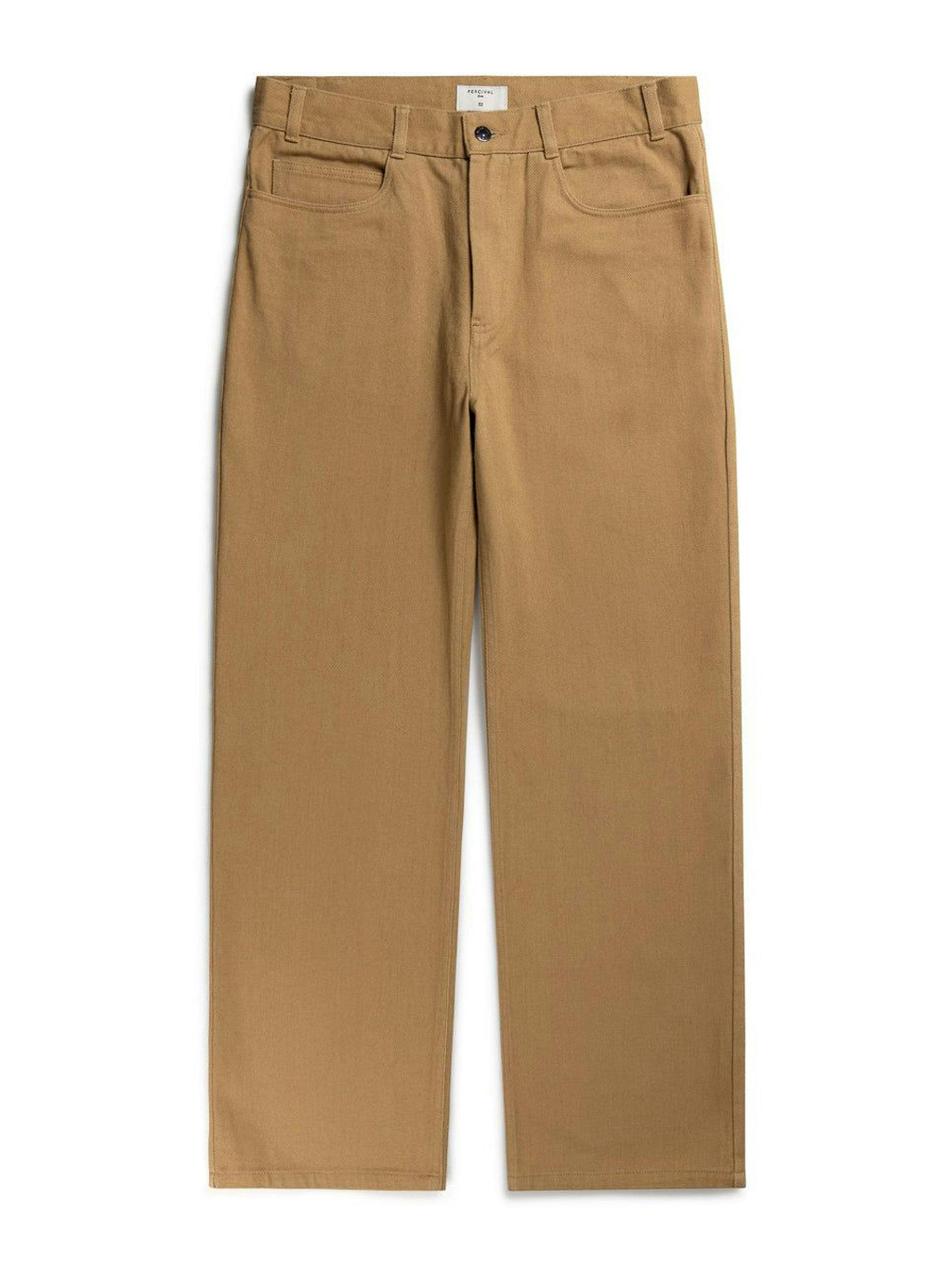 Tan five-pocket twill trousers