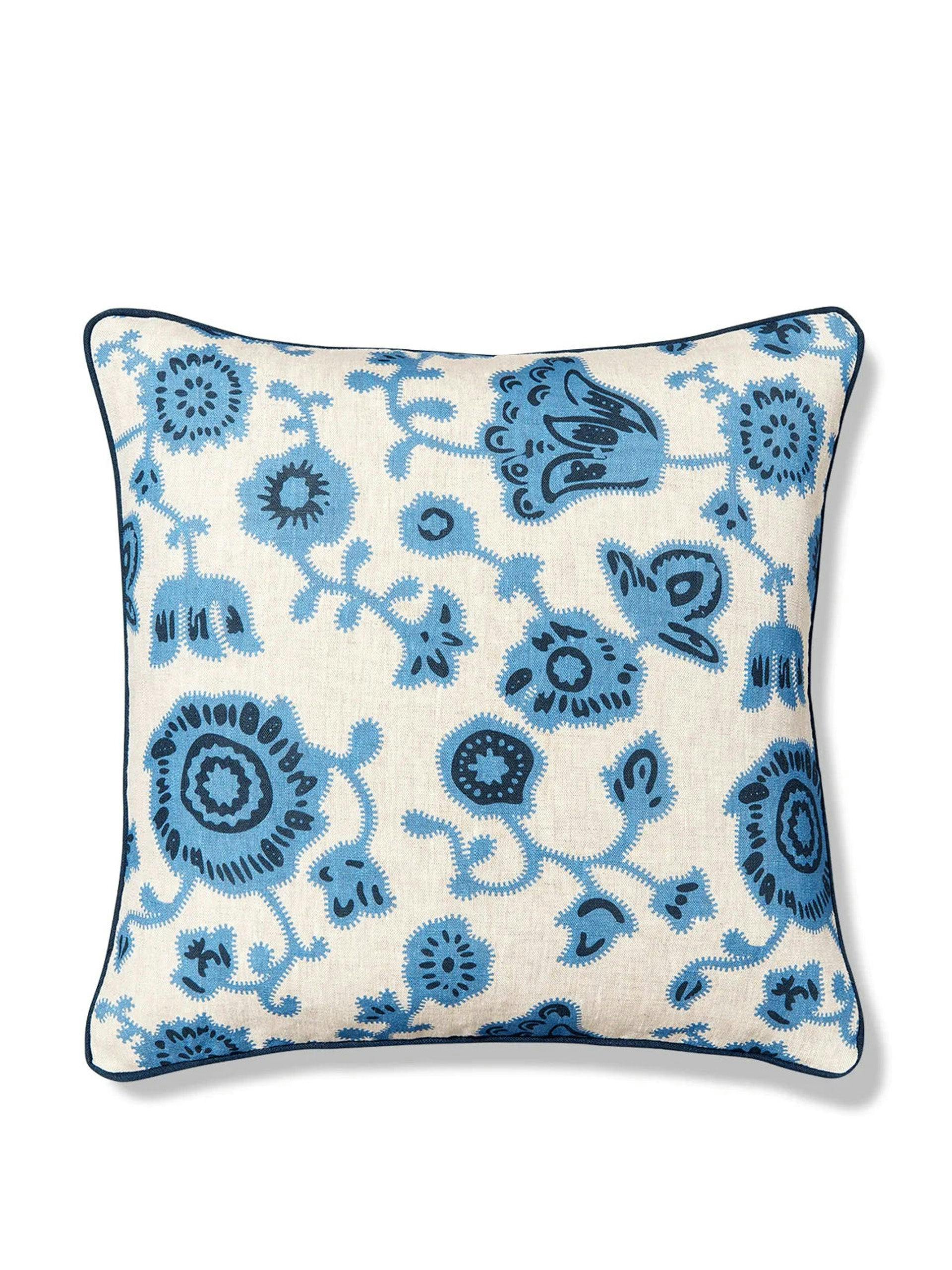 Persian Poppy print cornflower blue cushion
