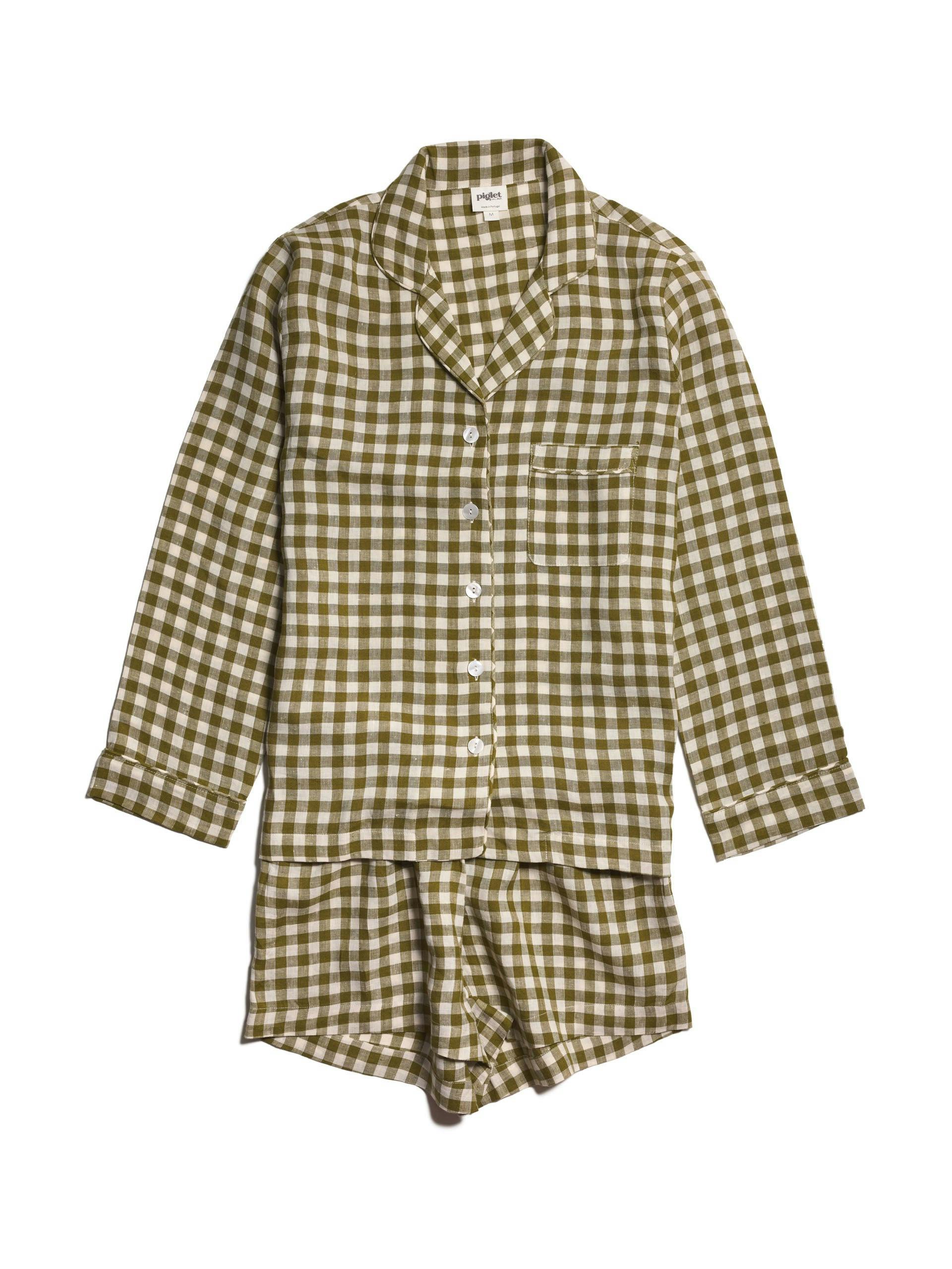 Green gingham short linen pyjama set