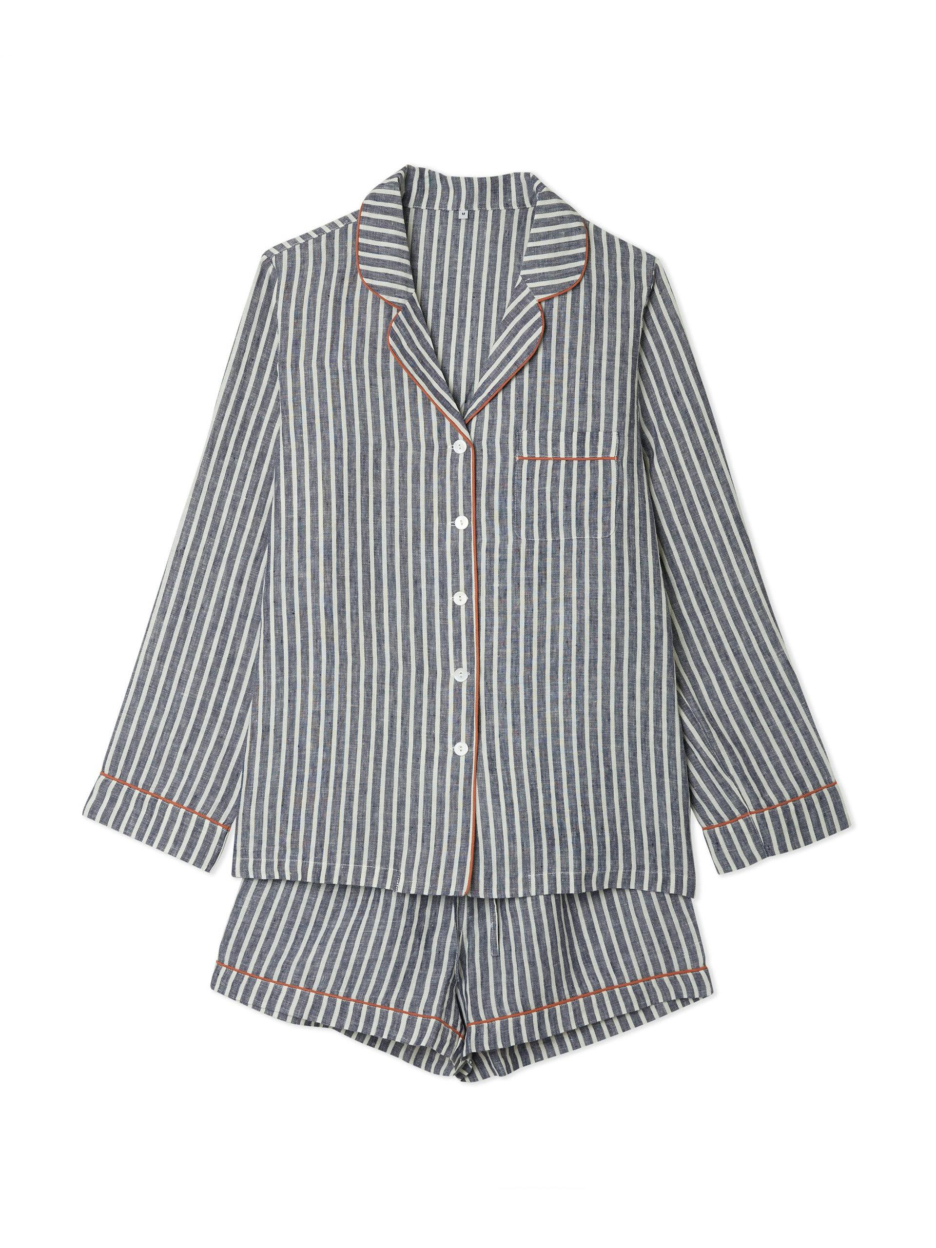Midnight stripe linen pyjama shorts set
