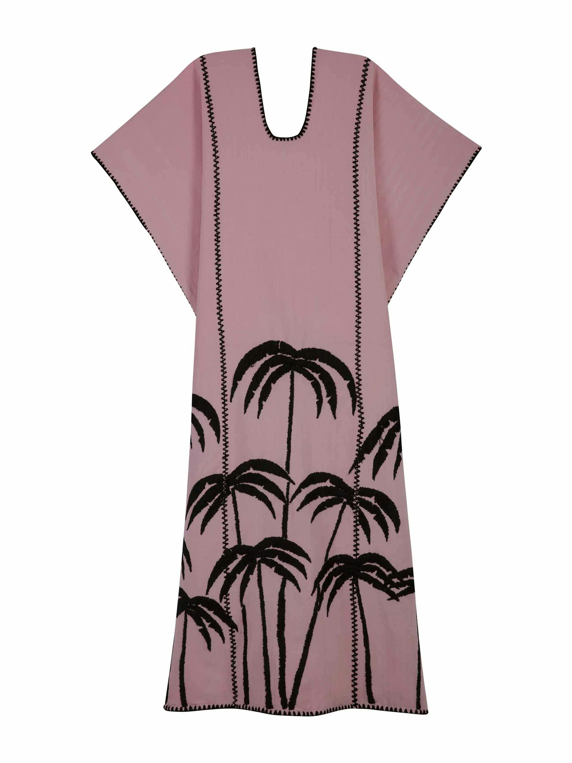 Pink kaftan with embroidered palm trees