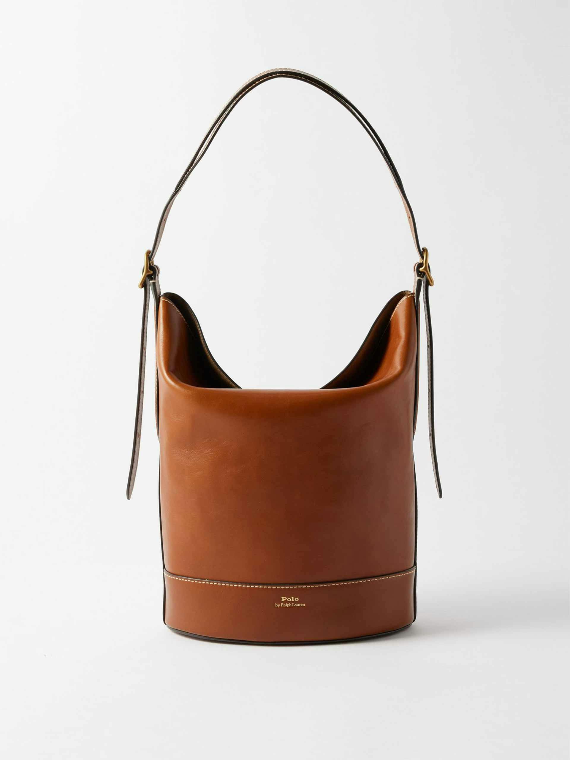 Brown leather bucket shoulder bag