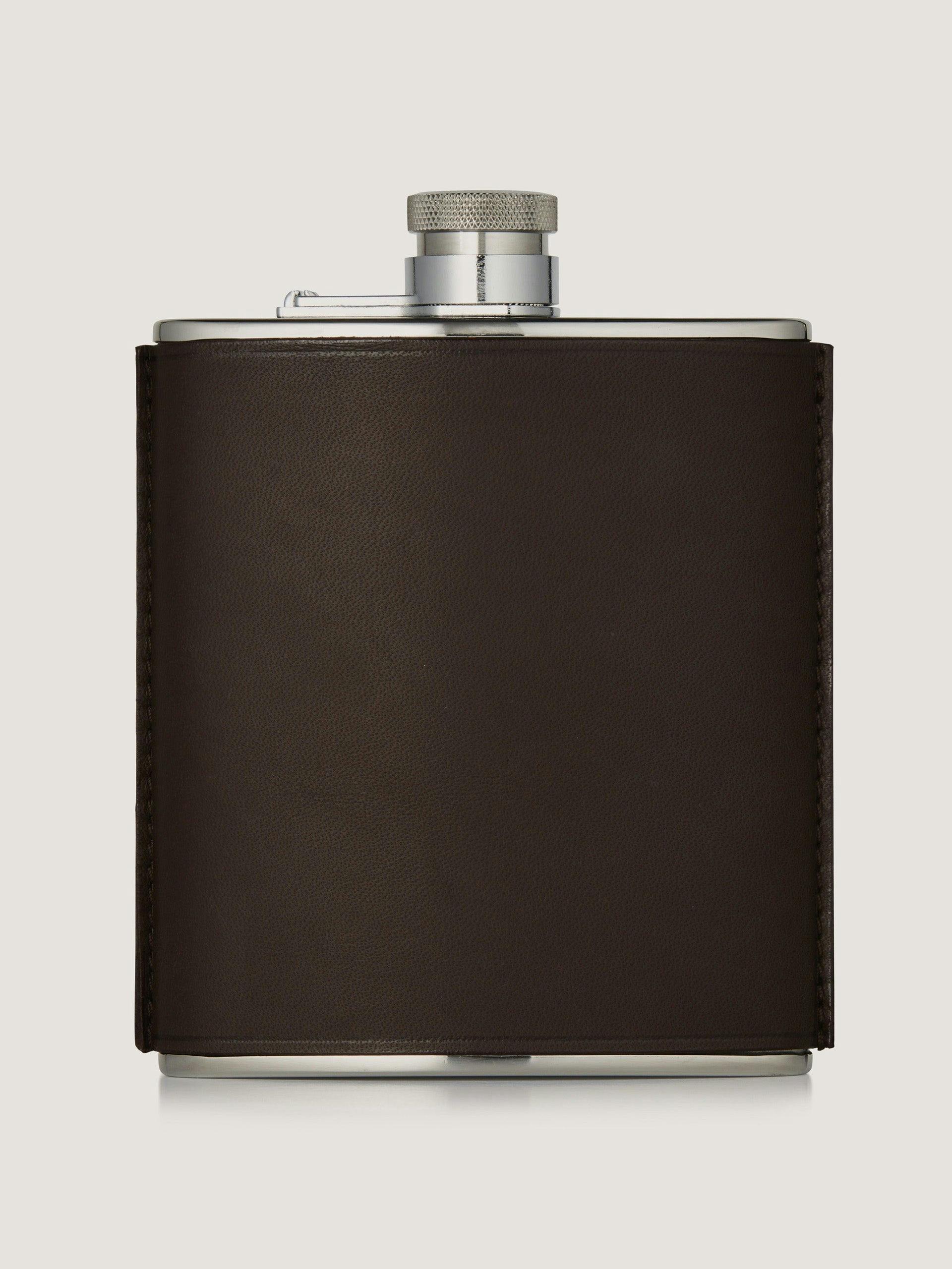 Grainy leather hip flask in dark brown