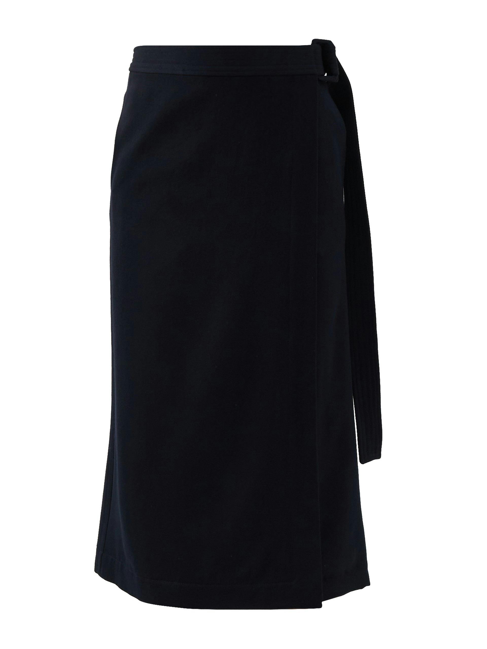 Navy belted wool wrap skirt