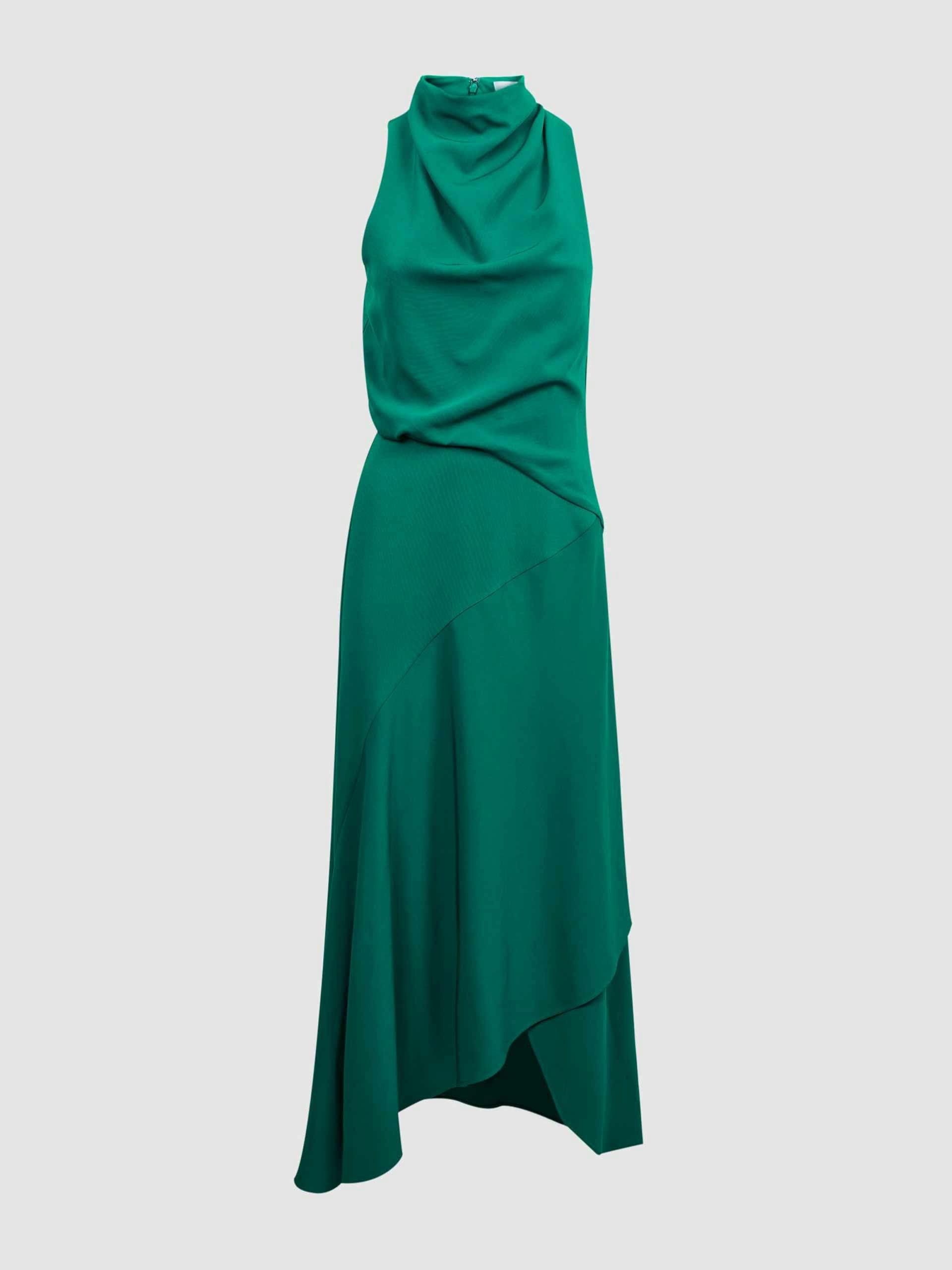 High-neck draped midi dress in green