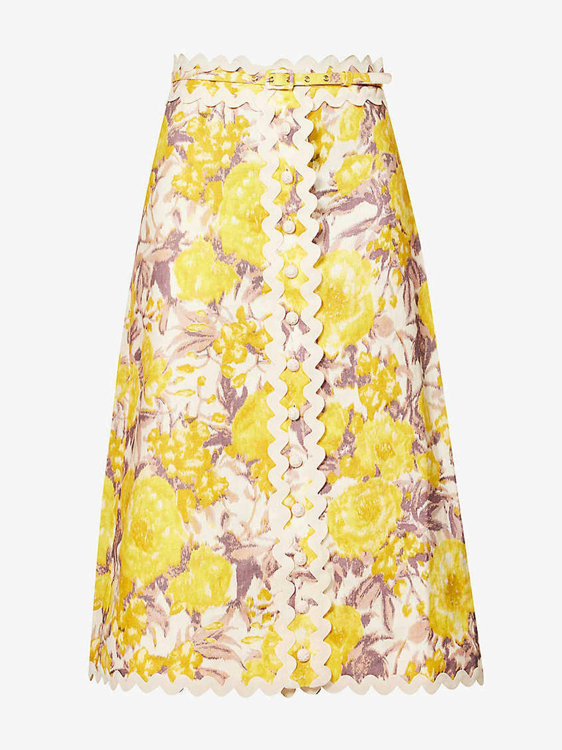Abstract-print contrast-trim linen midi skirt