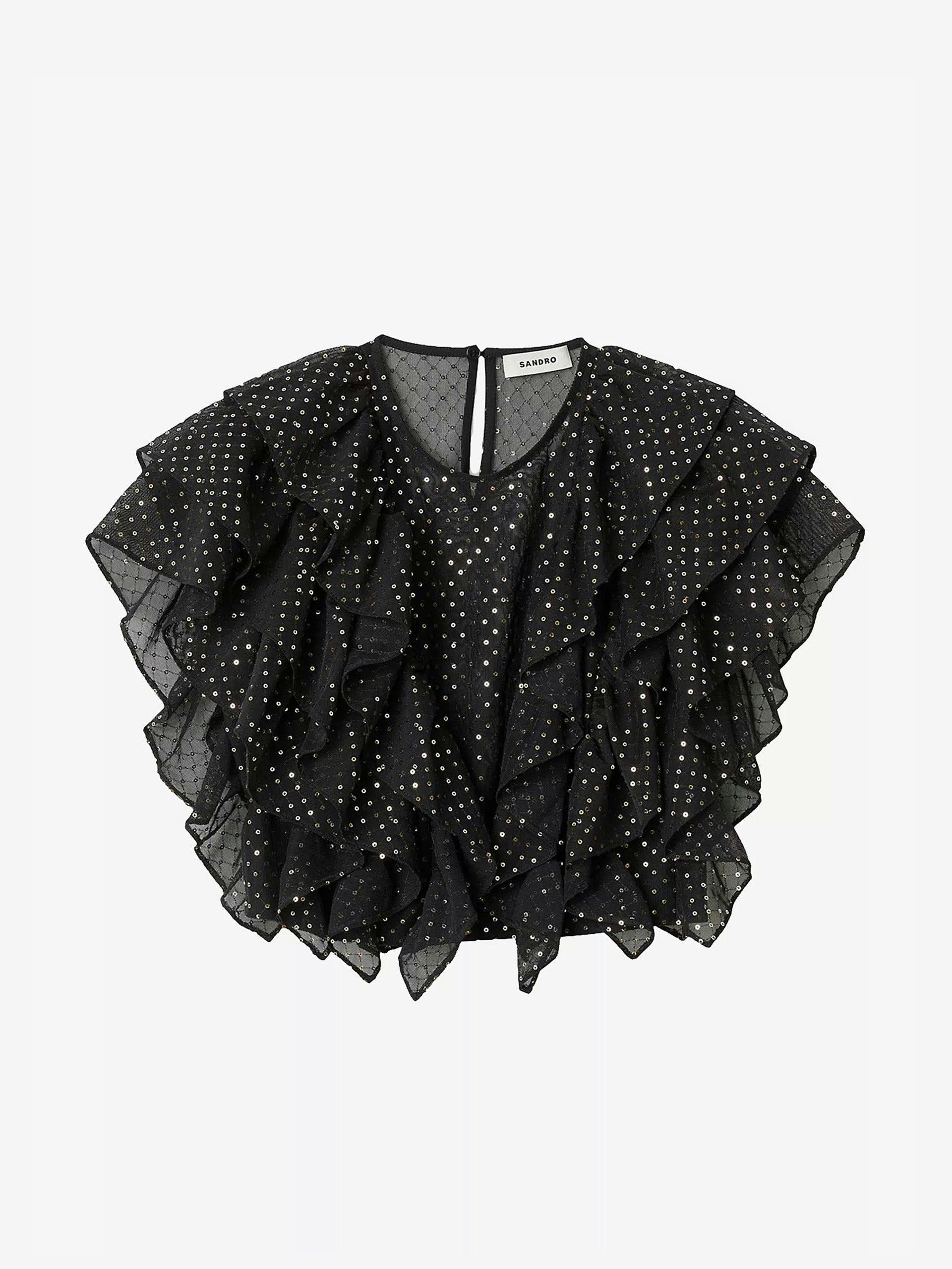 Ruffled sequin-embroidered stretch-tulle crop top