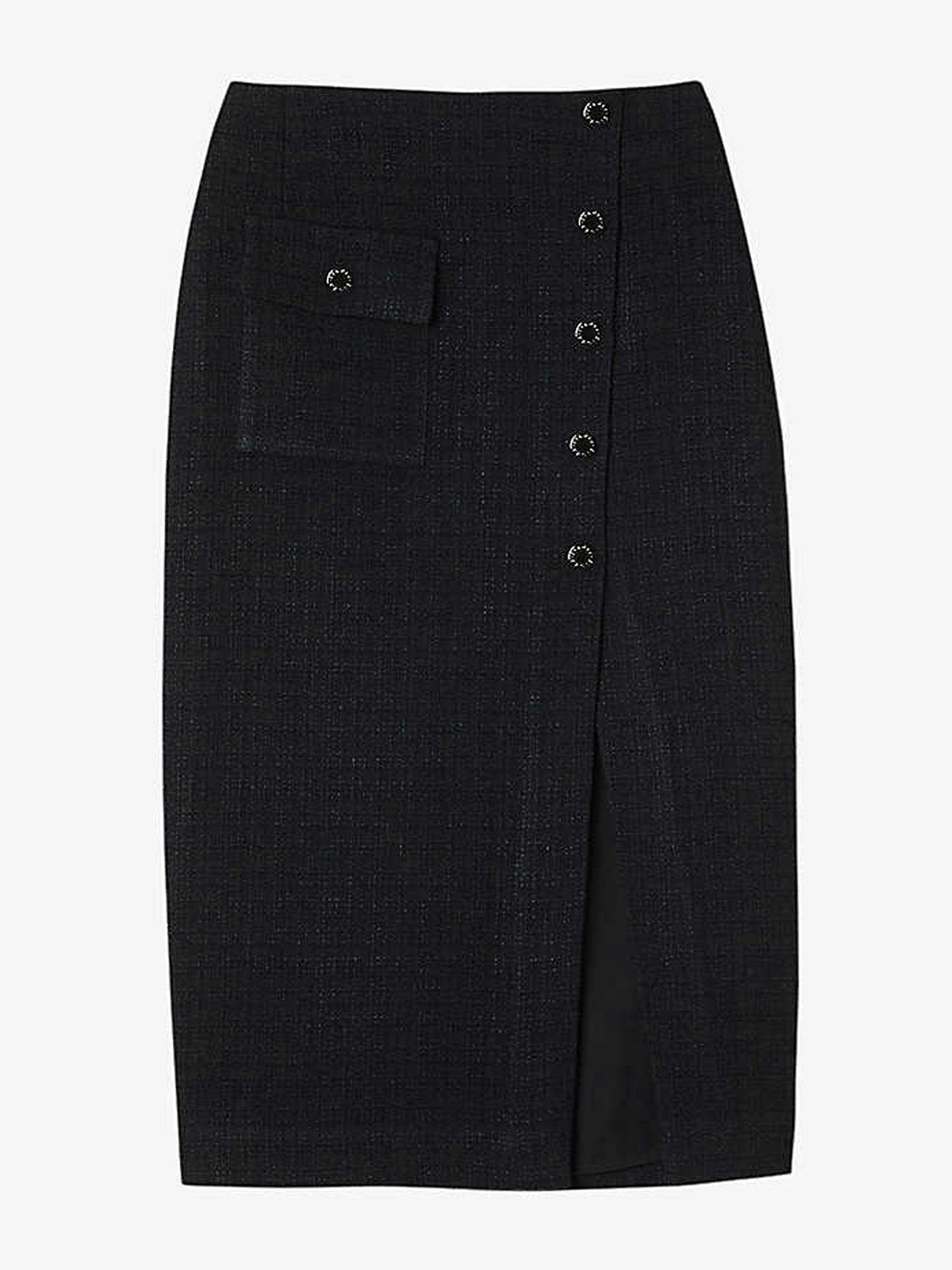 Black front-split button-embellished tweed midi skirt