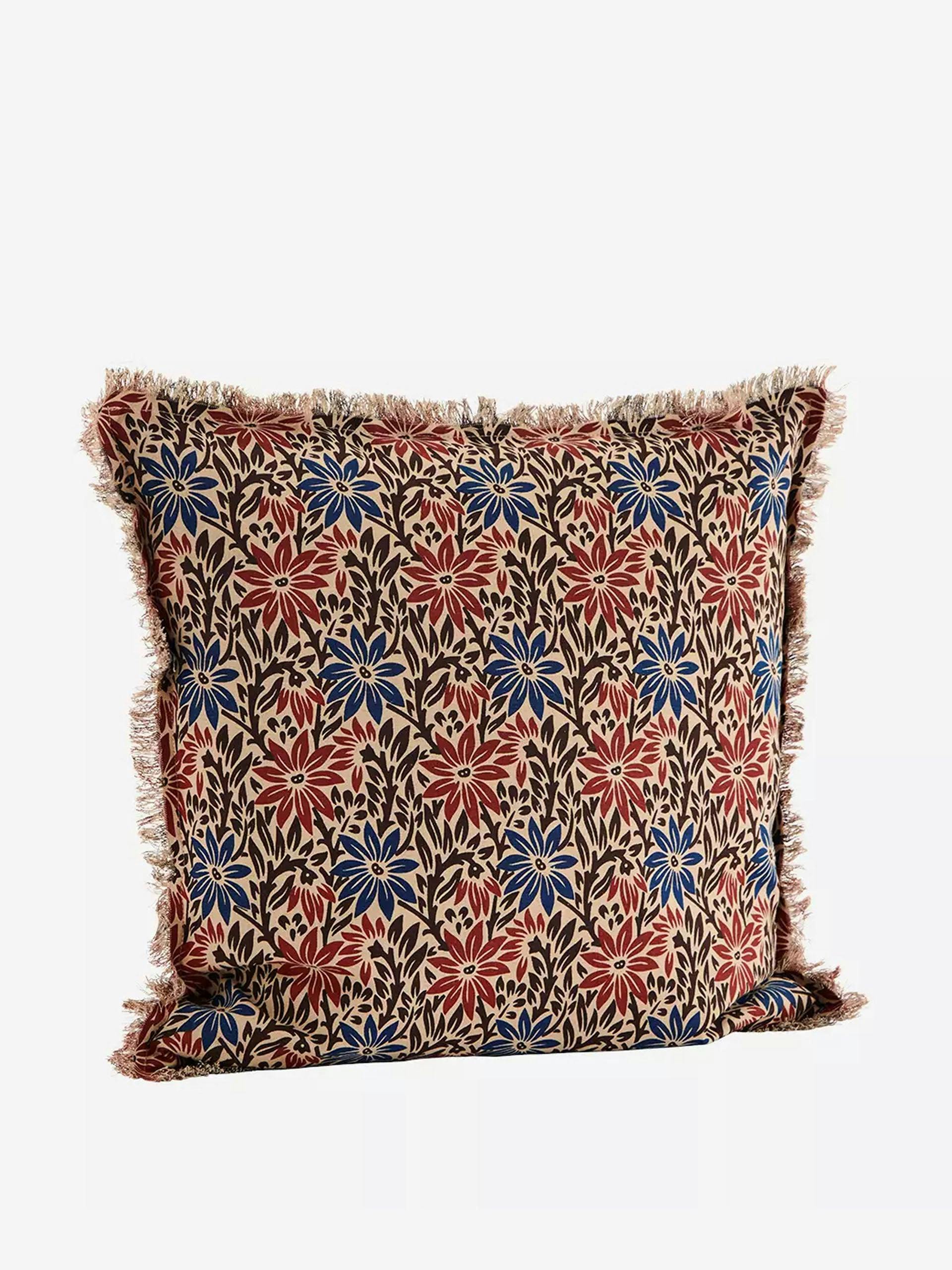 Burnt red and blue floral printed cushion