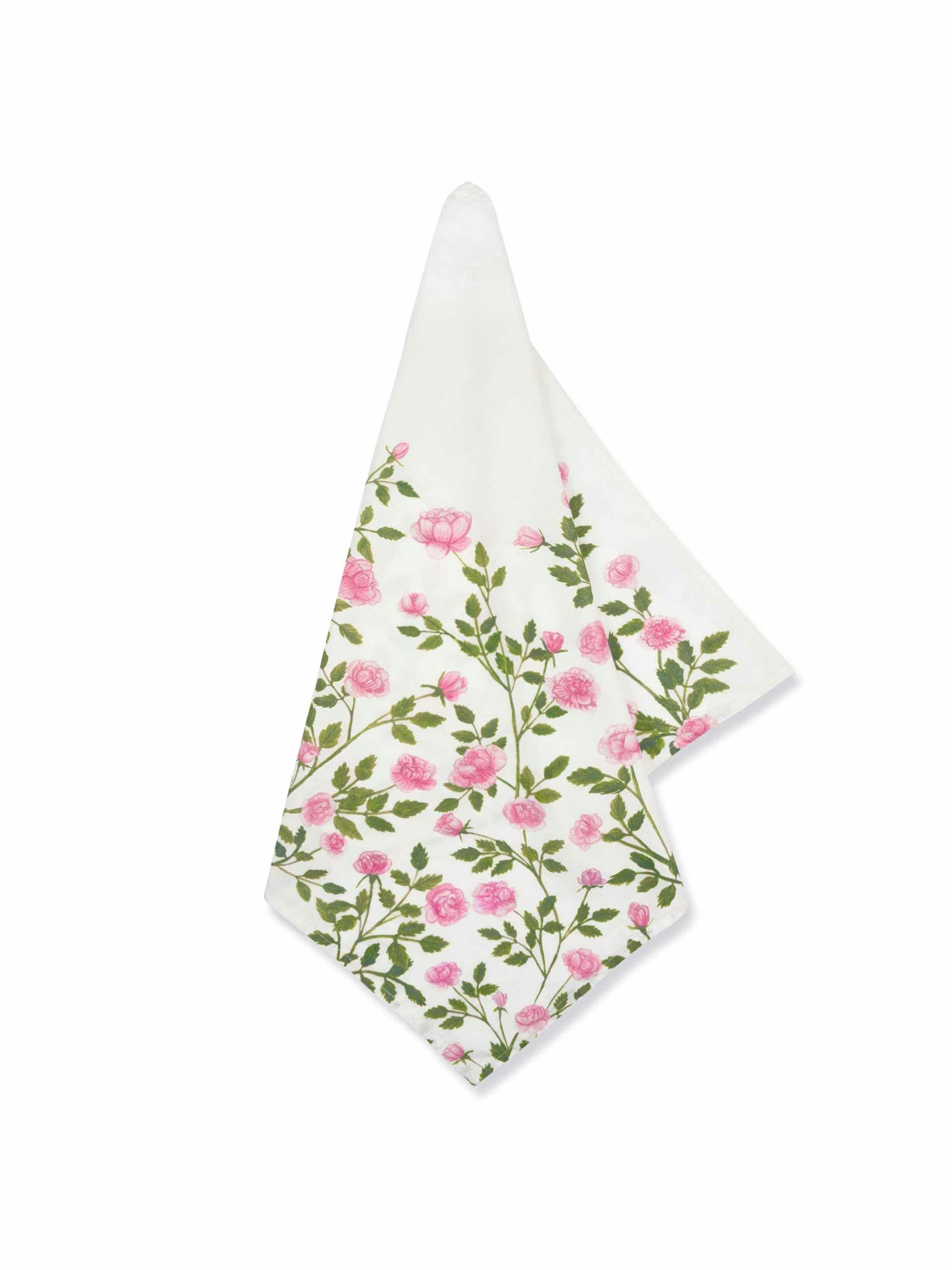 Pink and green rose linen napkin