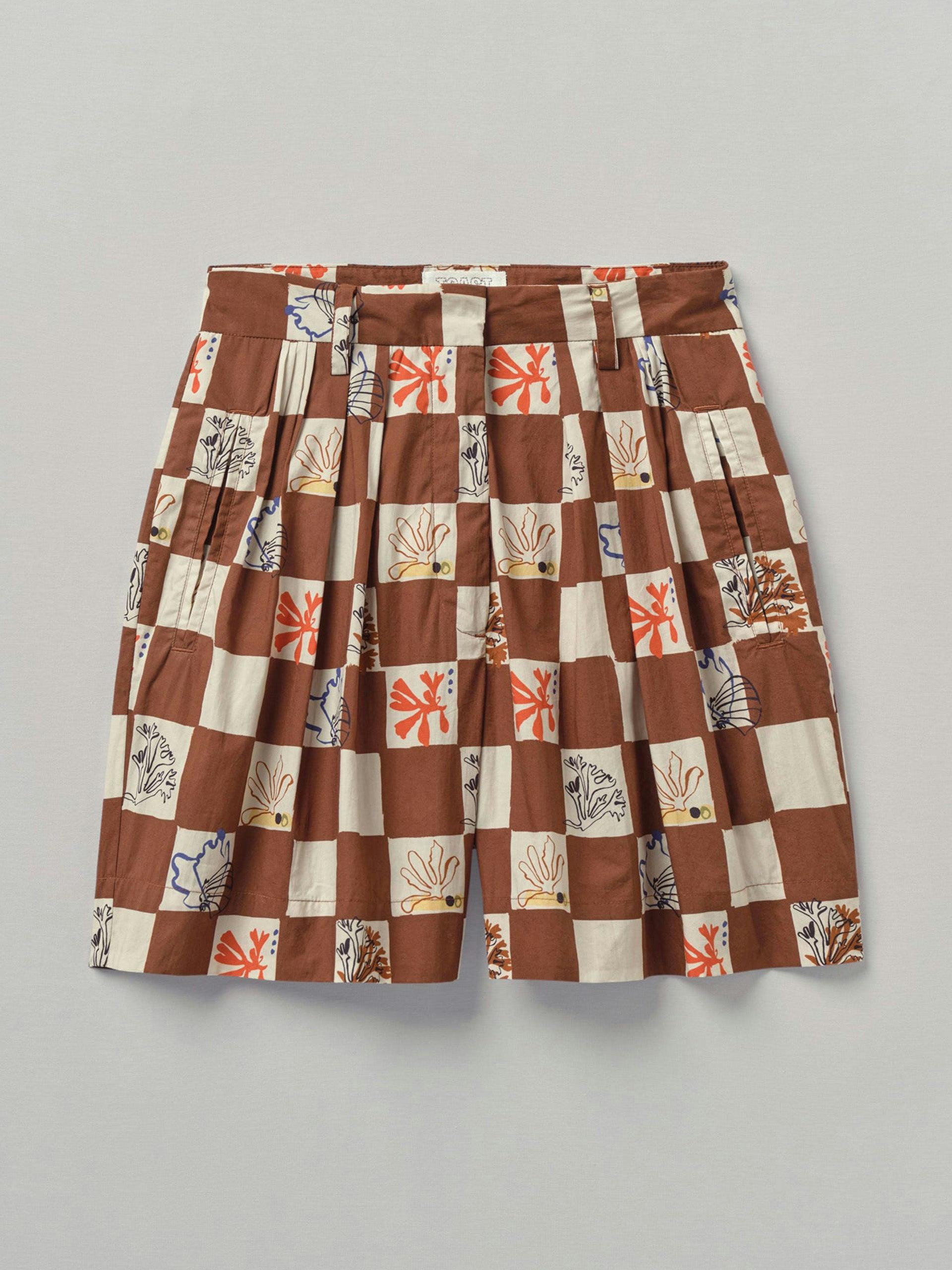 Brown checkerboard coral-print poplin shorts