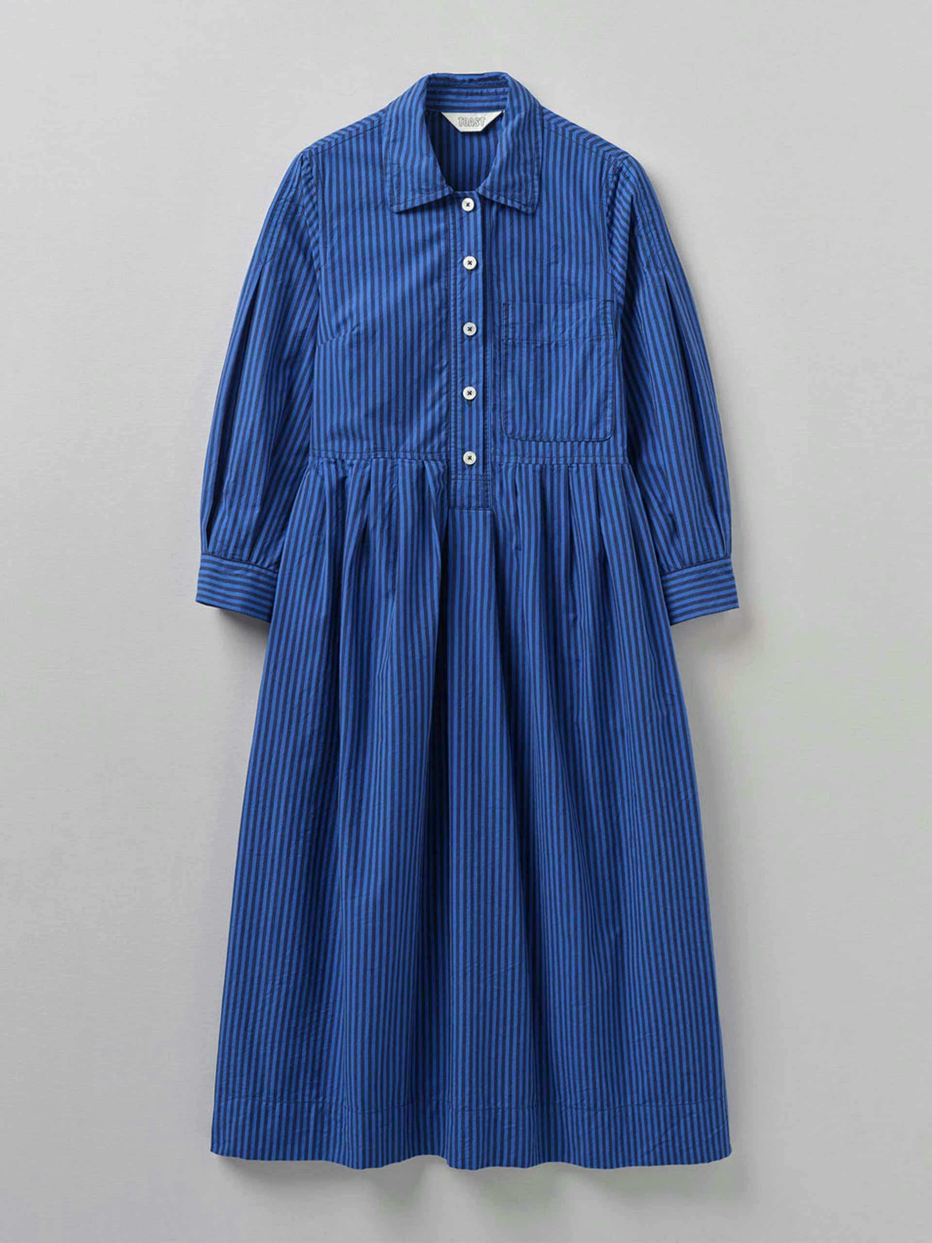 Stripe organic poplin shirt dress in Celtic Blue