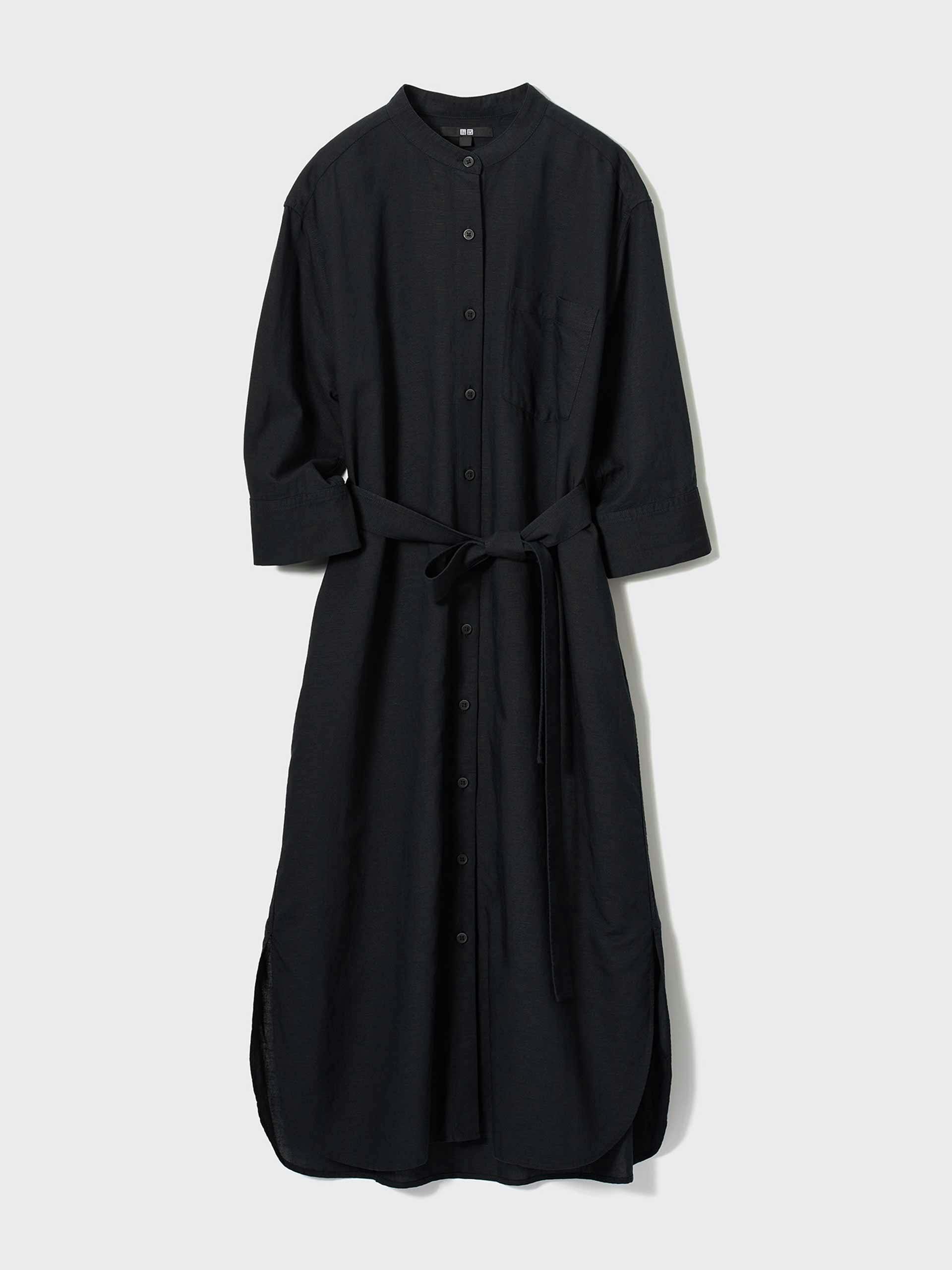 Black linen blend shirt dress