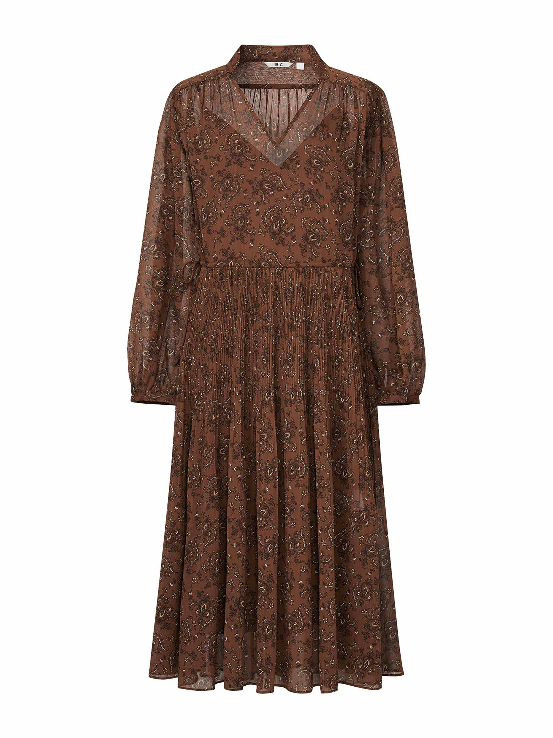 Brown pleated printed long sleeved dress