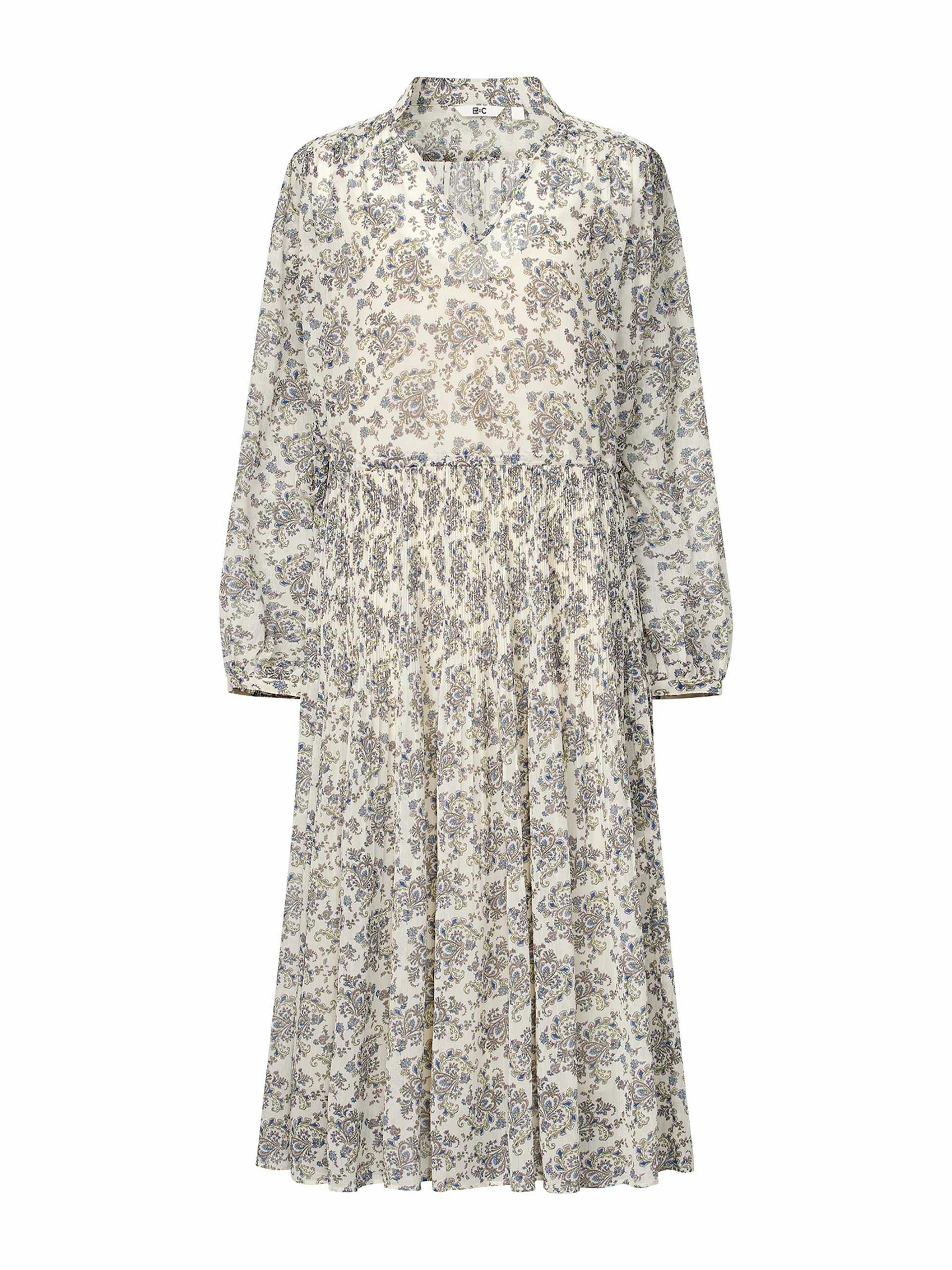 White pleated printed long sleeved dress