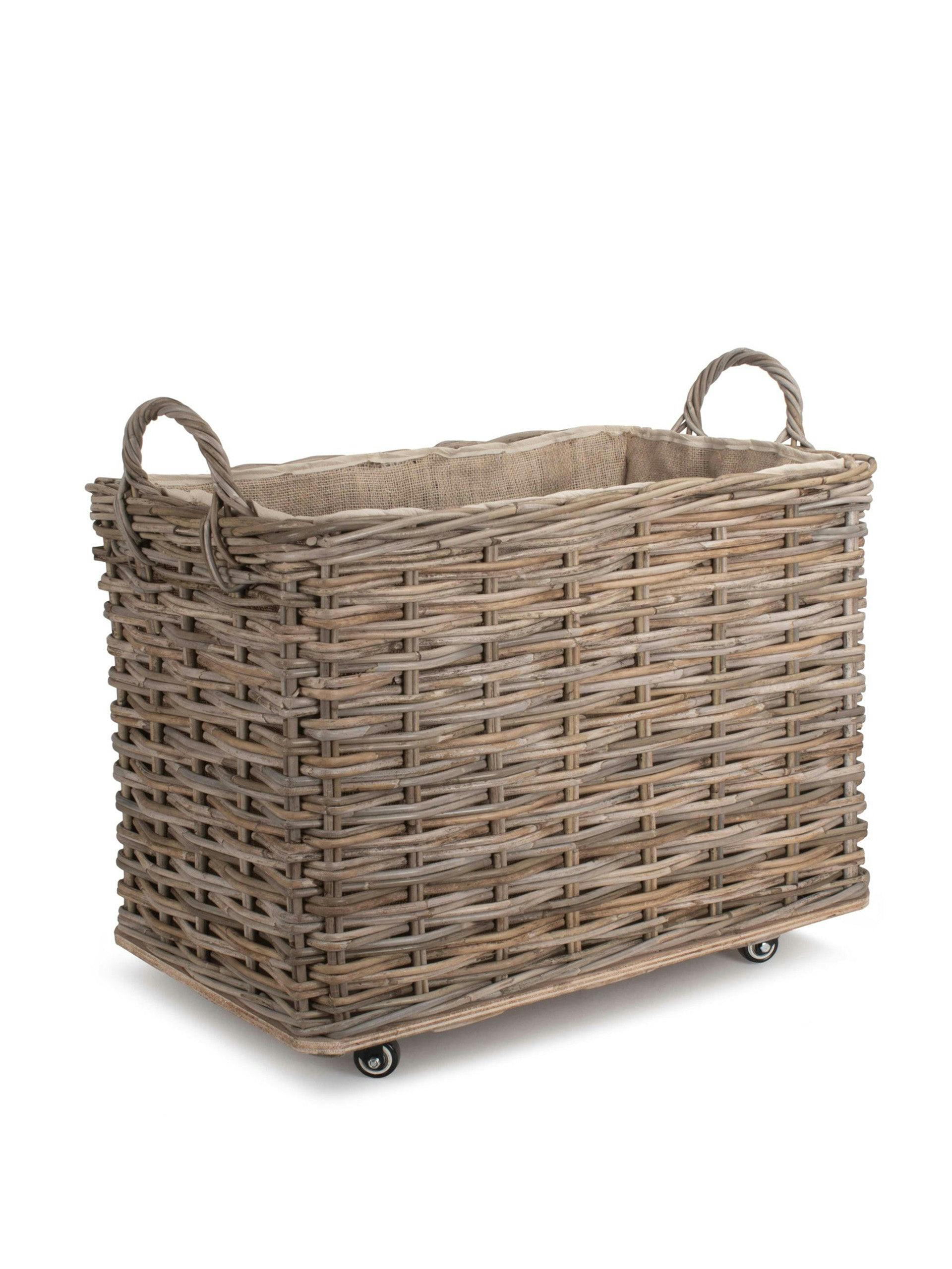 Small wheeled rattan cordura lined log basket