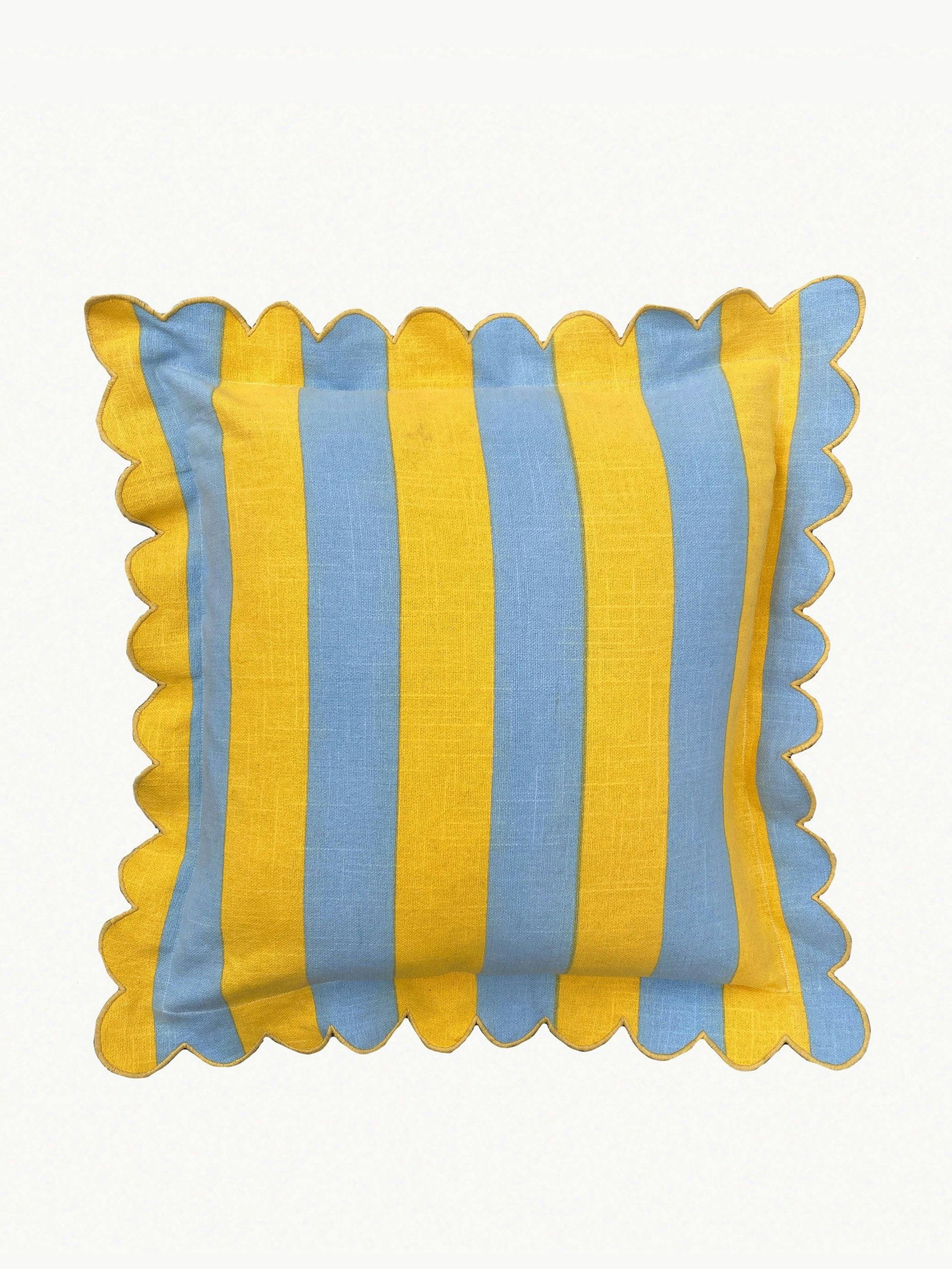 Lemon & azure outdoor stripe scallop cushion cover