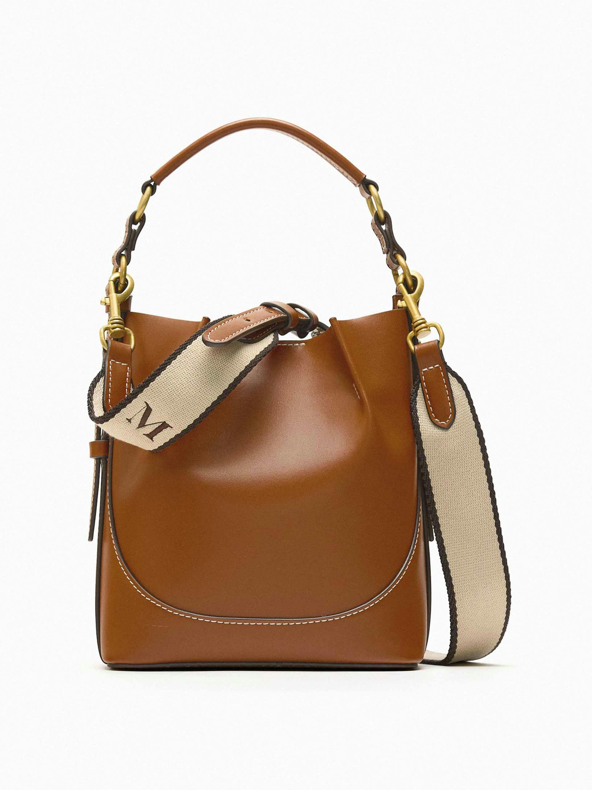 Brown bucket bag with topstitching