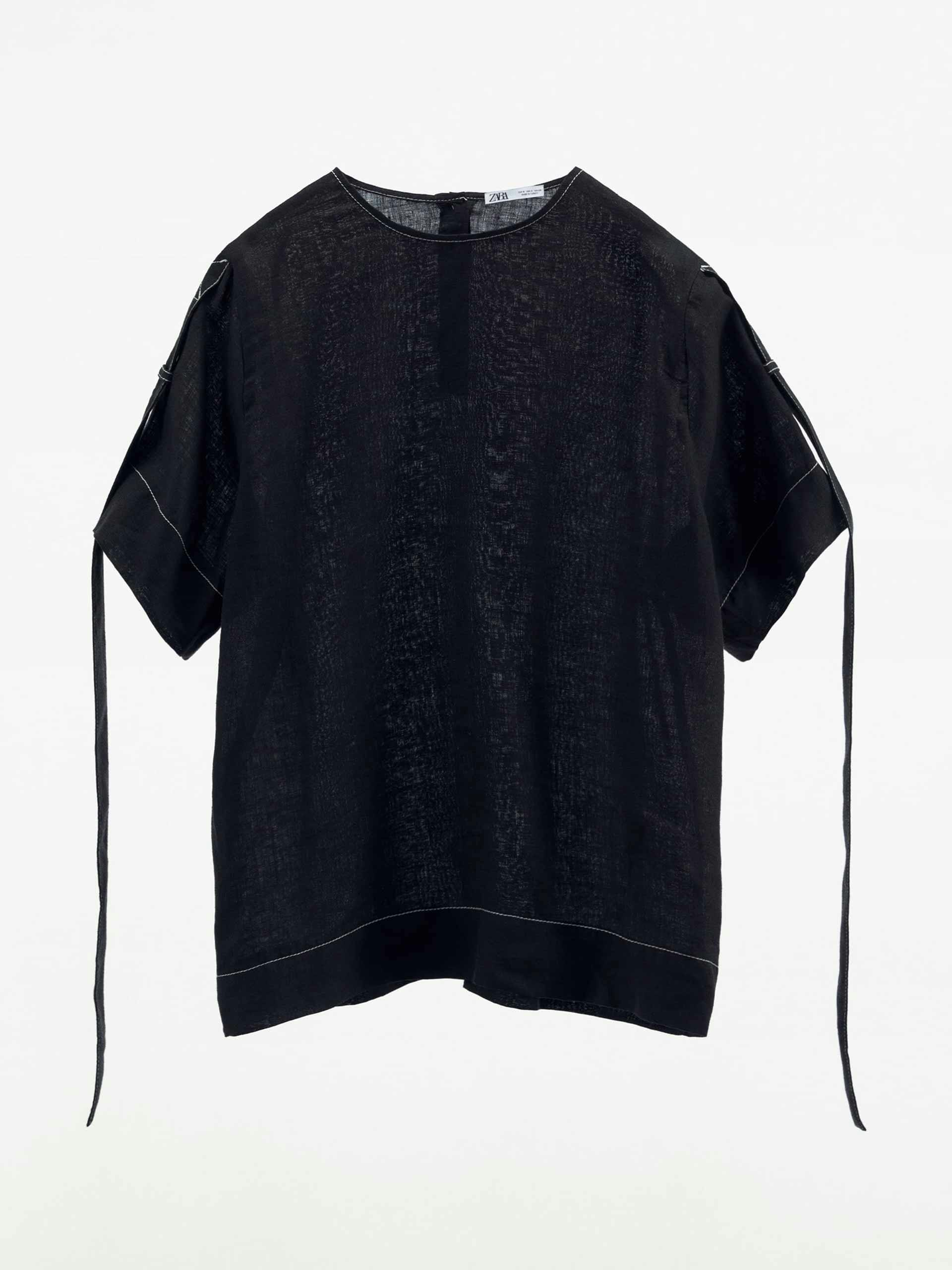 Black contrast-stitch linen top