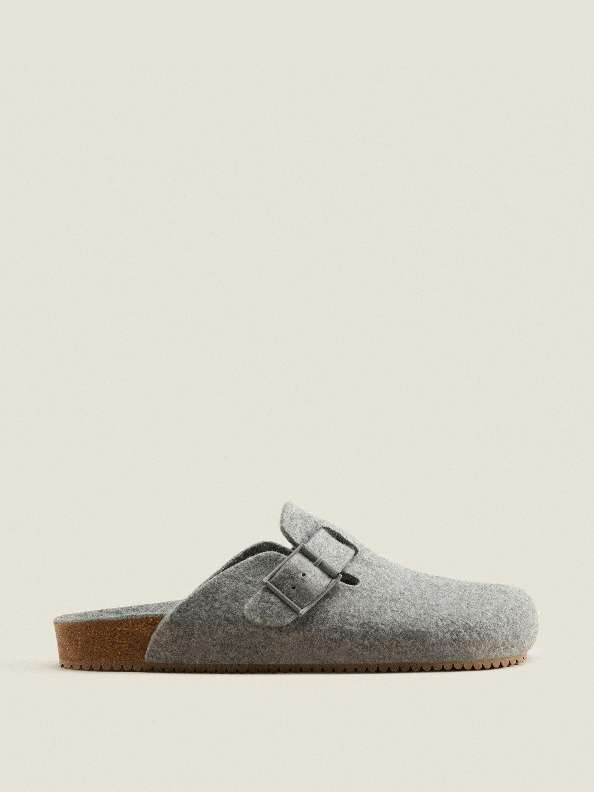 Grey felt mule slippers with buckle
