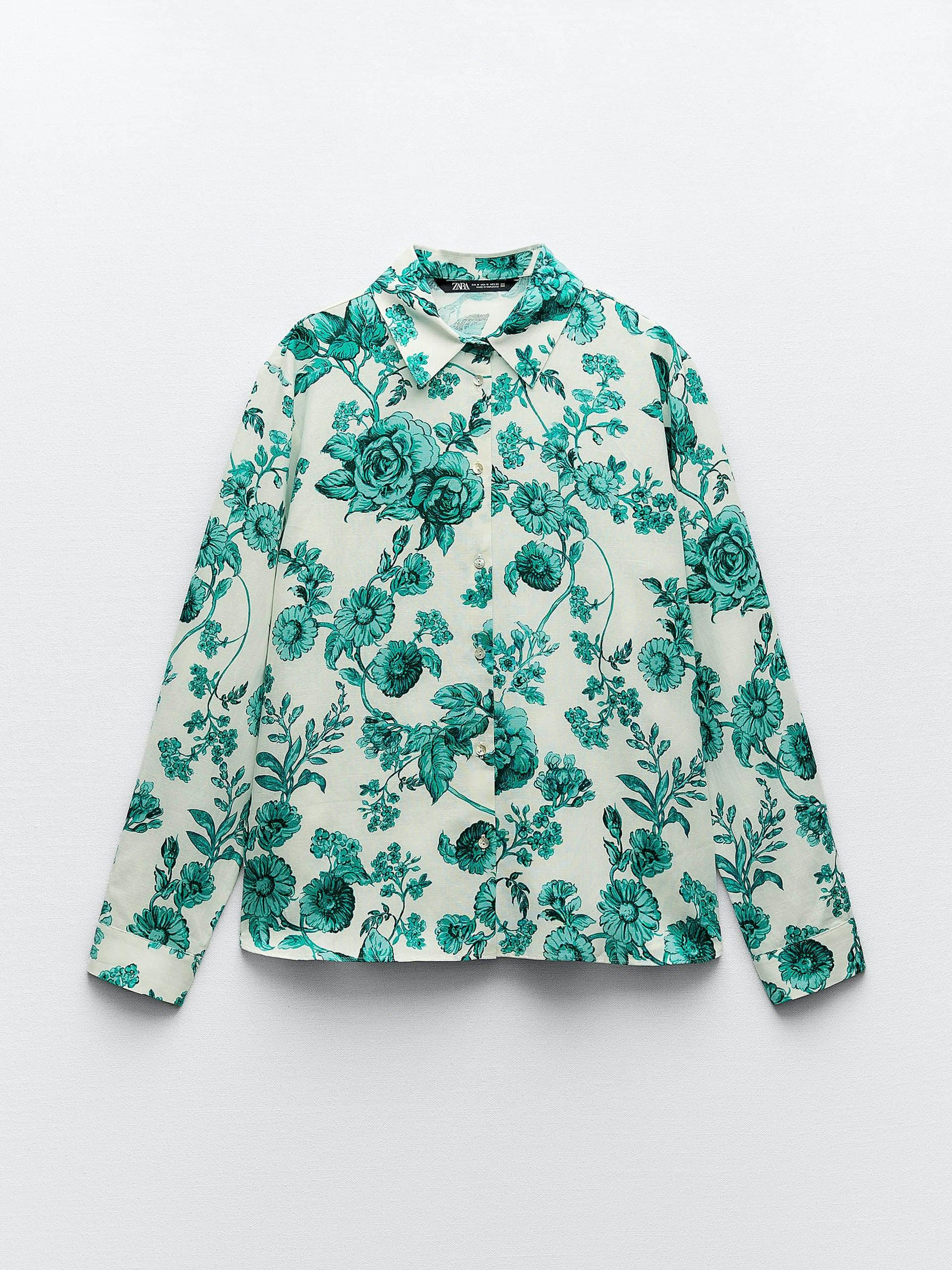 Green floral print linen blend shirt