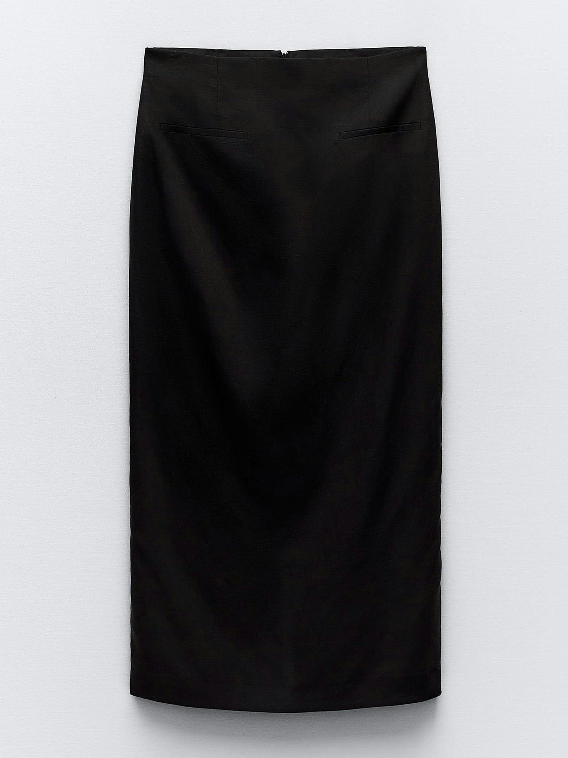 Black linen blend midi skirt