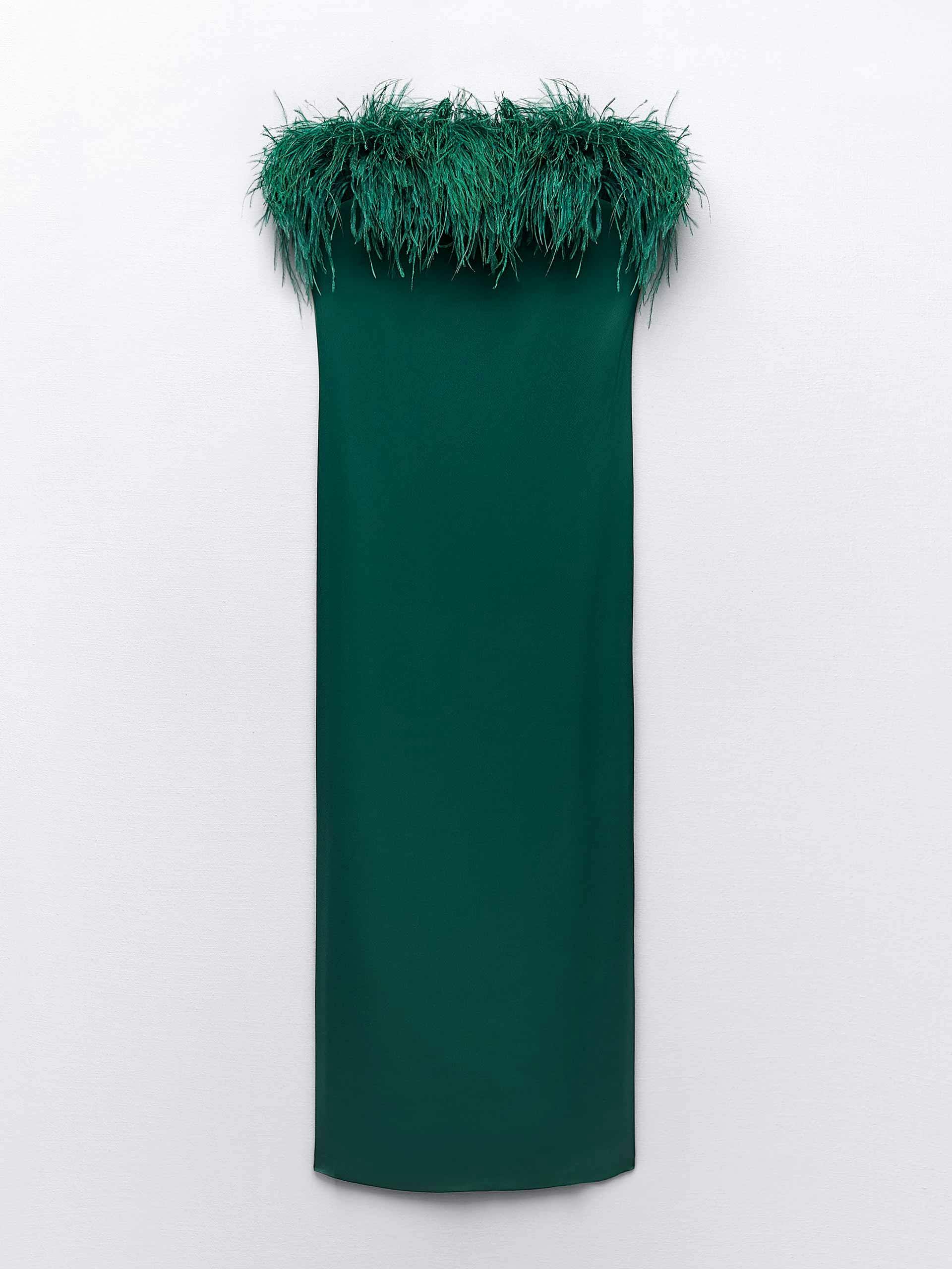 Satin dress with feathers in Bottle Green