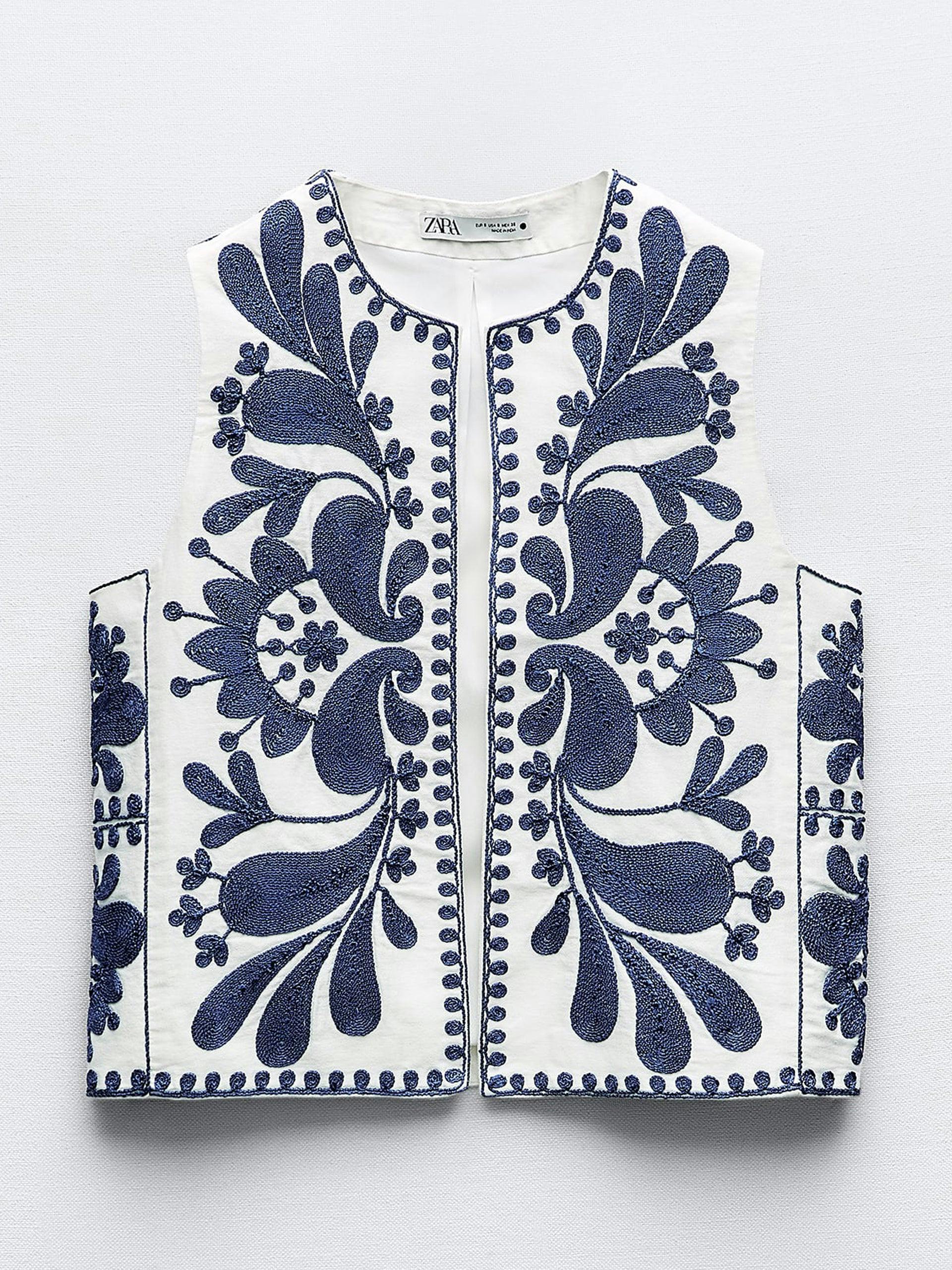 Navy and white waistcoat with contrast embroidery