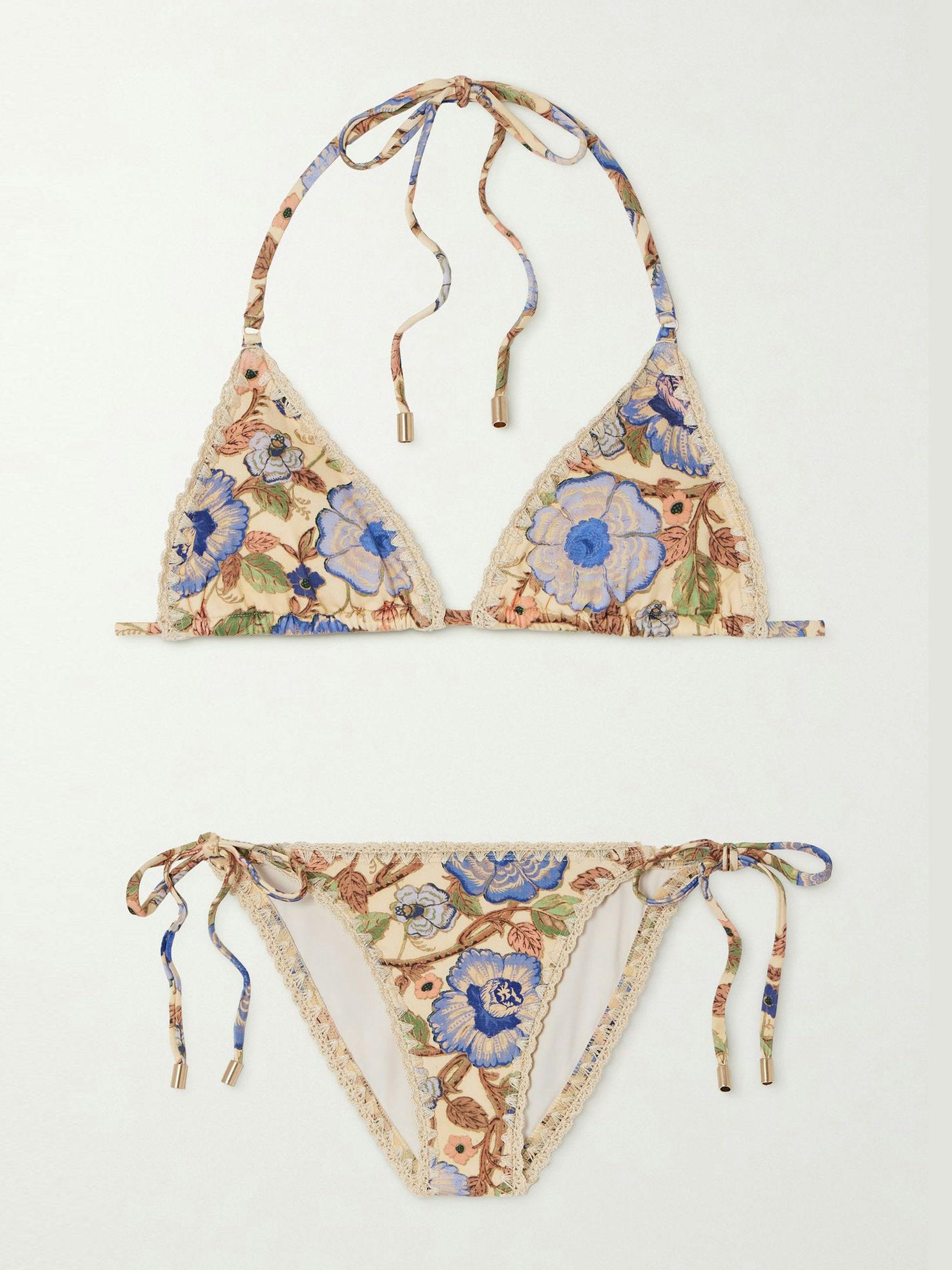 Metallic crochet-trimmed floral-print triangle bikini